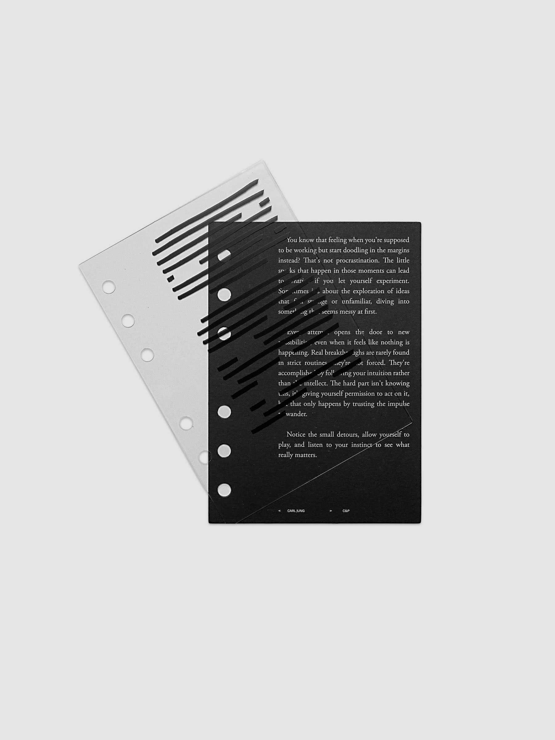 Black, white, and transparent dual layer planner dashboard shown in size A6 6-Ring Punch