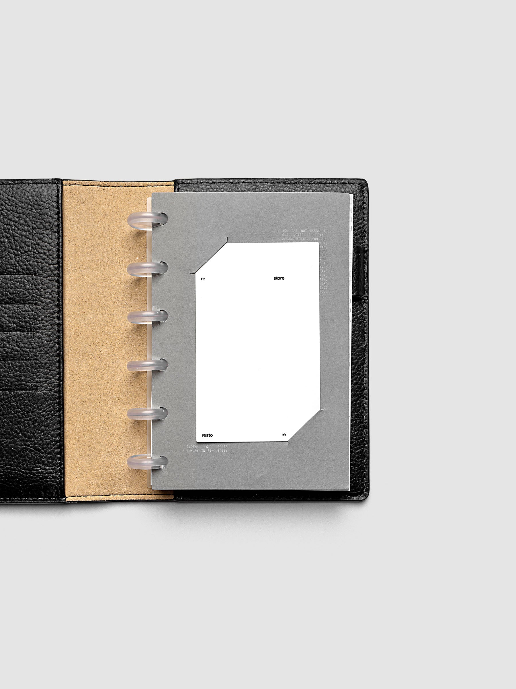 Grey cardstock planner dashboard with white plastic card inserted in slits with white printed text shown in size CP Petite in a discbound planner.
