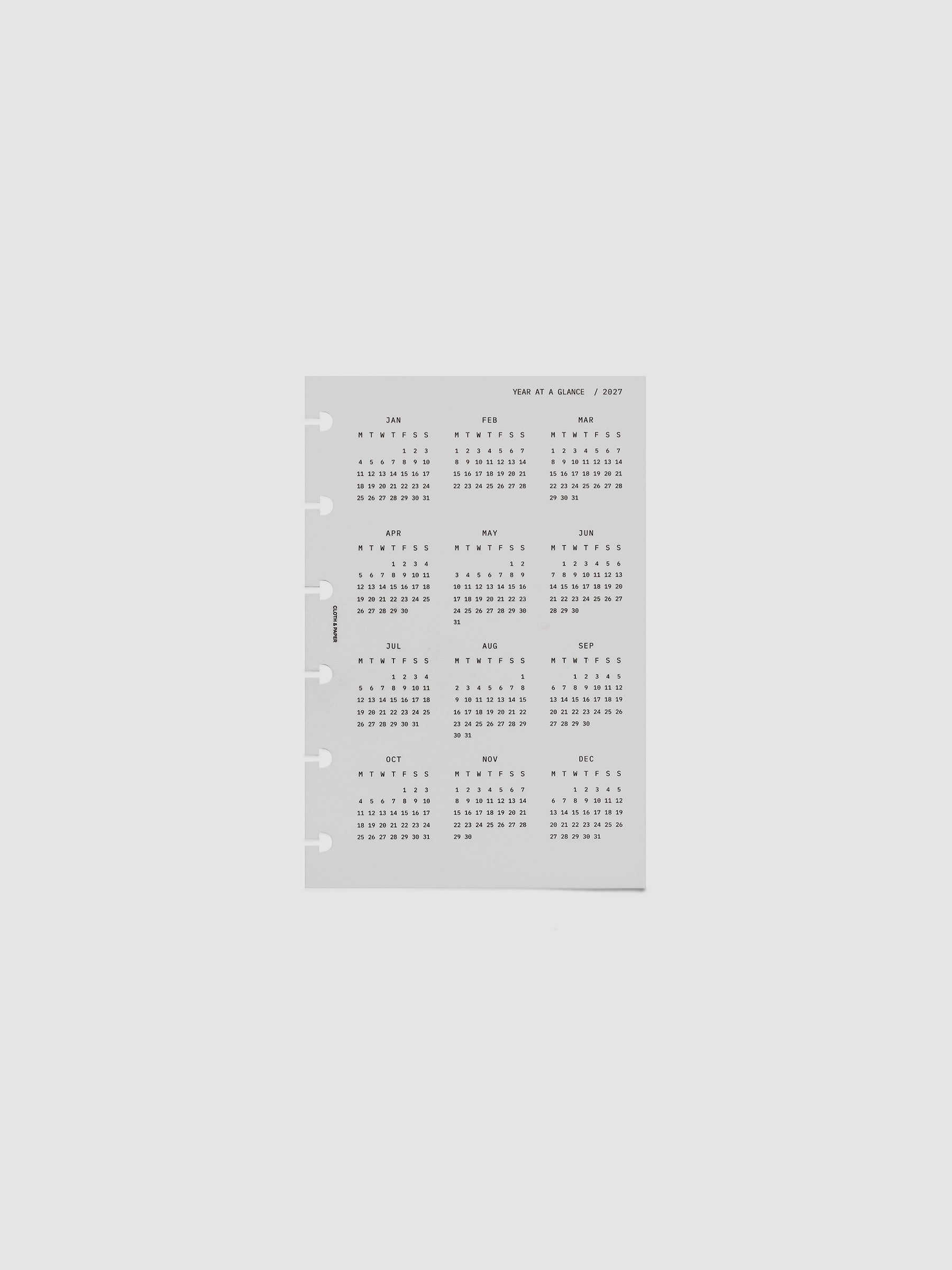 2027 Year At A Glance Dashboard Monday Start, CP Petite 6-Disc Punch, translucent vellum dashboard shown on its own