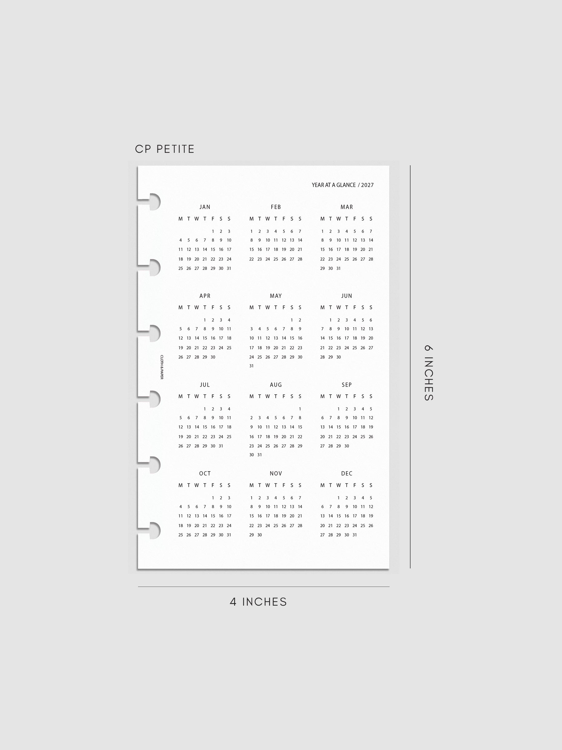 2027 Year At A Glance Dashboard Monday Start, CP Petite 6-Disc Punch, translucent vellum dashboard printed with a full year calendar in Monday-start format