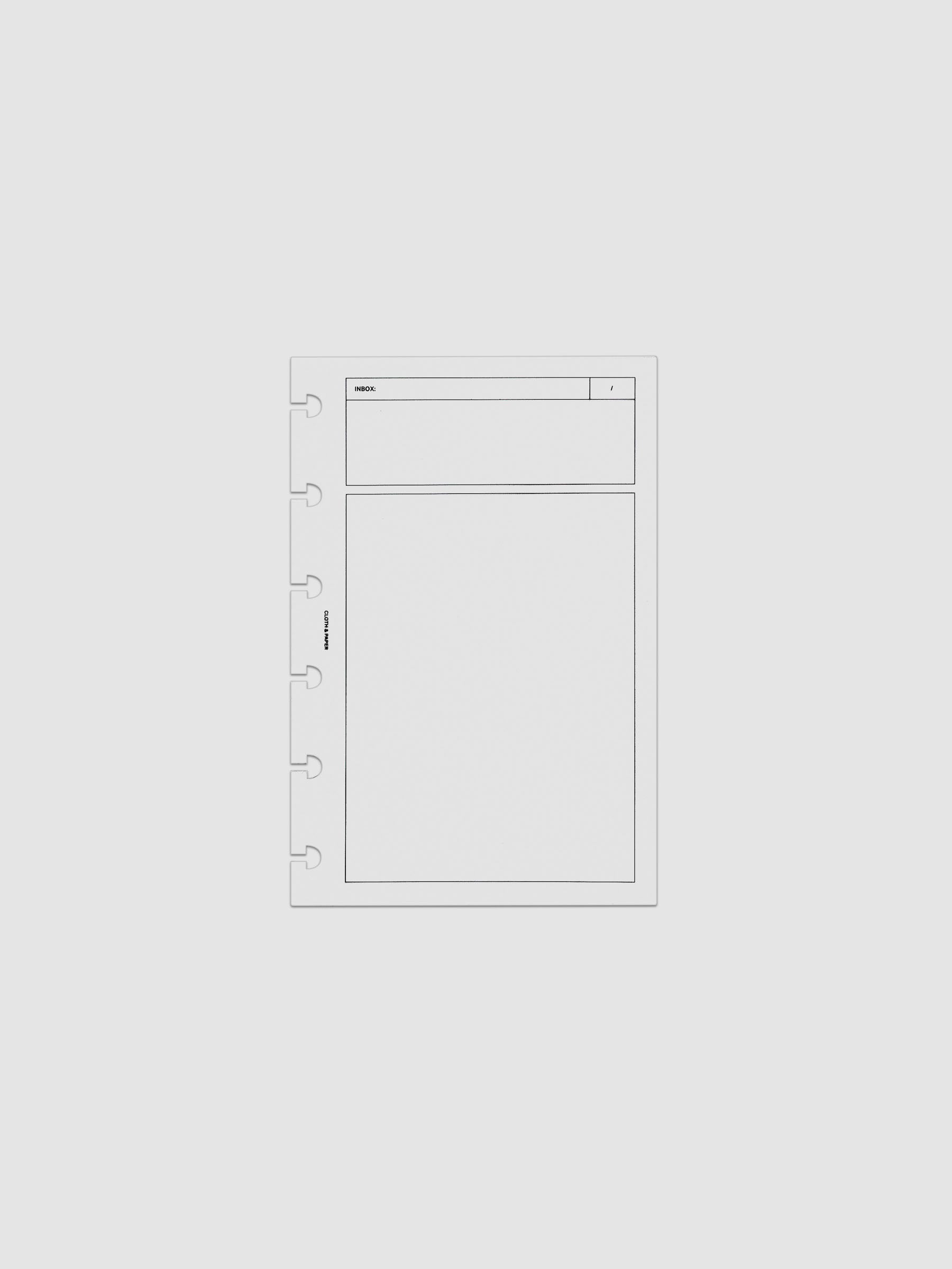 Clear, flexible plastic dashboard with black printed rectangular boxes and a header titled 'Inbox'. Shown in size CP Petite, pre-punched for discbound notebooks and planners.