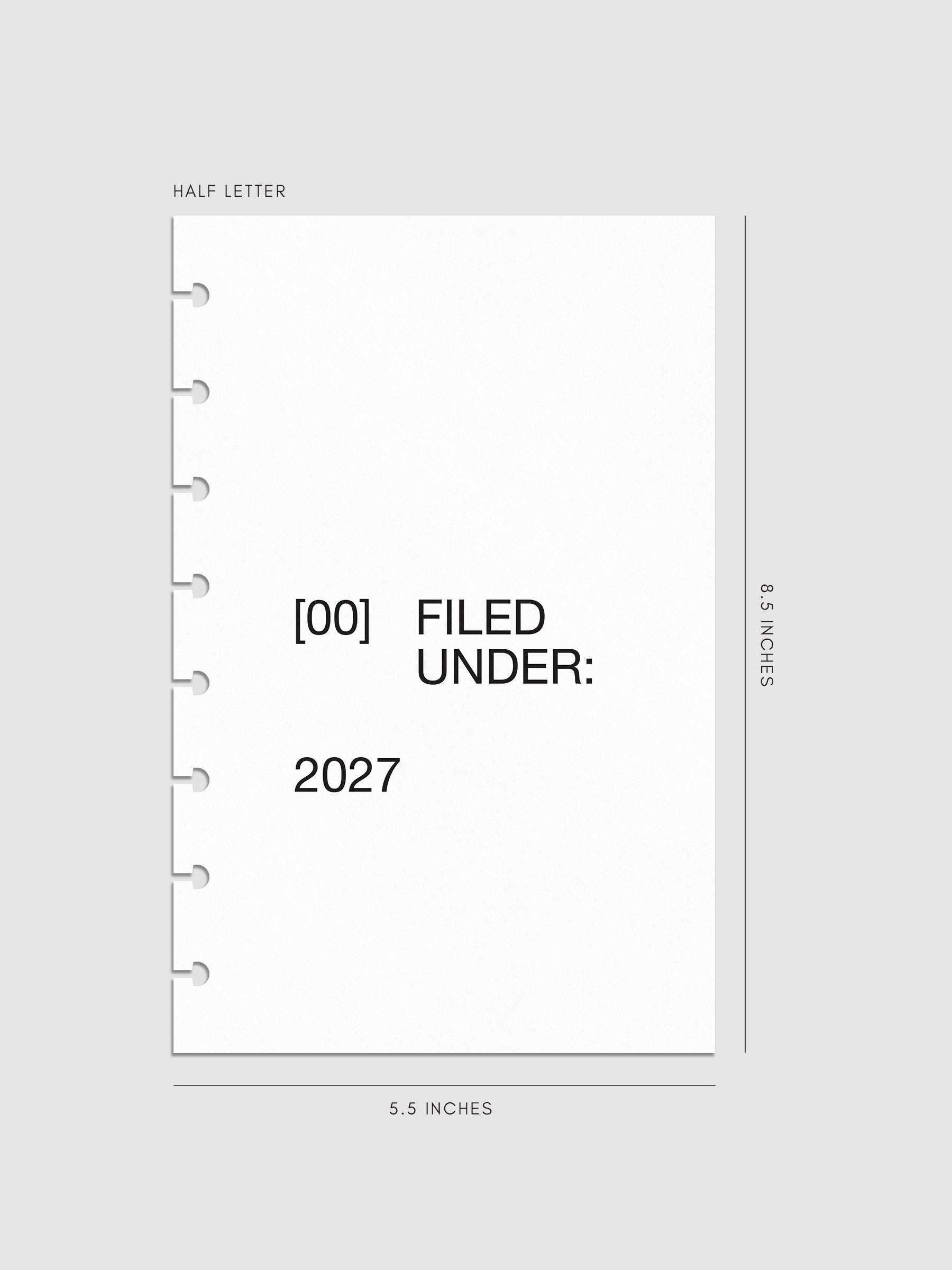 2027 Front + Monthly Dashboard Overlays, Avant Garde, Half Letter 8-Disc Punch, set of 13 translucent vellum overlays including a front cover overlay and 12 monthly dashboards printed in black ink