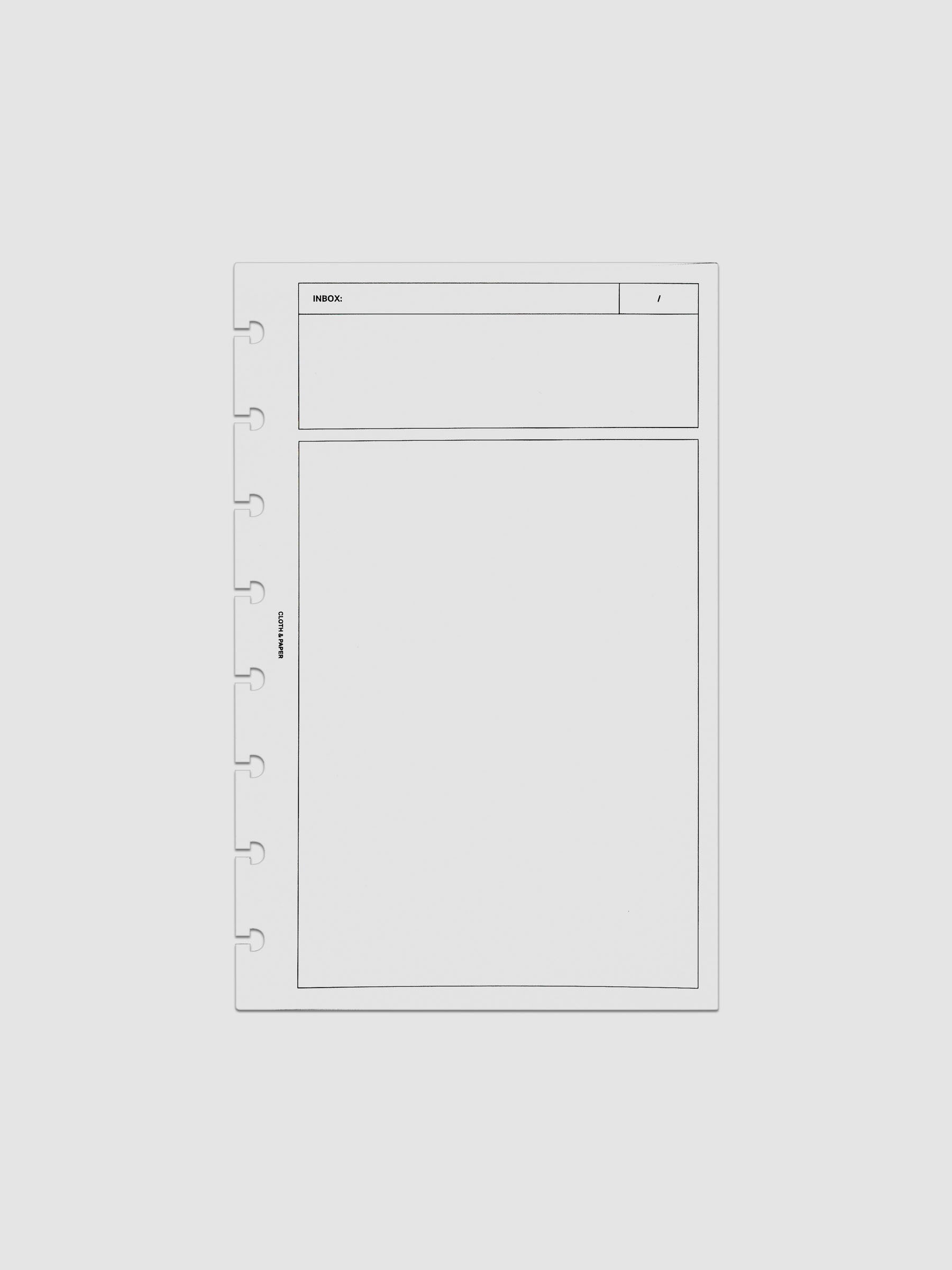Clear, flexible plastic dashboard with black printed rectangular boxes and a header titled 'Inbox'. Shown in size Half Letter, pre-punched for discbound notebooks and planners.