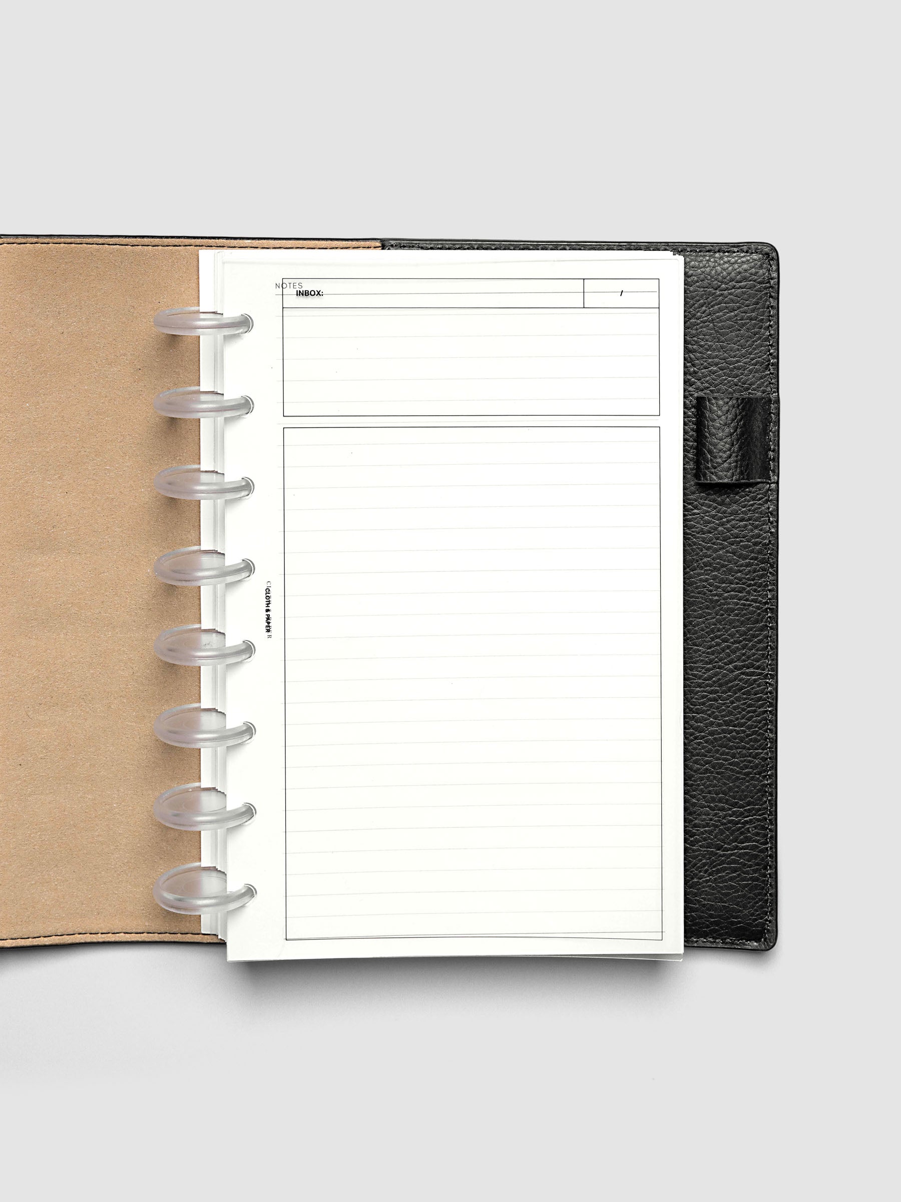 Crystal Clear Inbox Planner Dashboard shown inside a Half Letter sized folio.