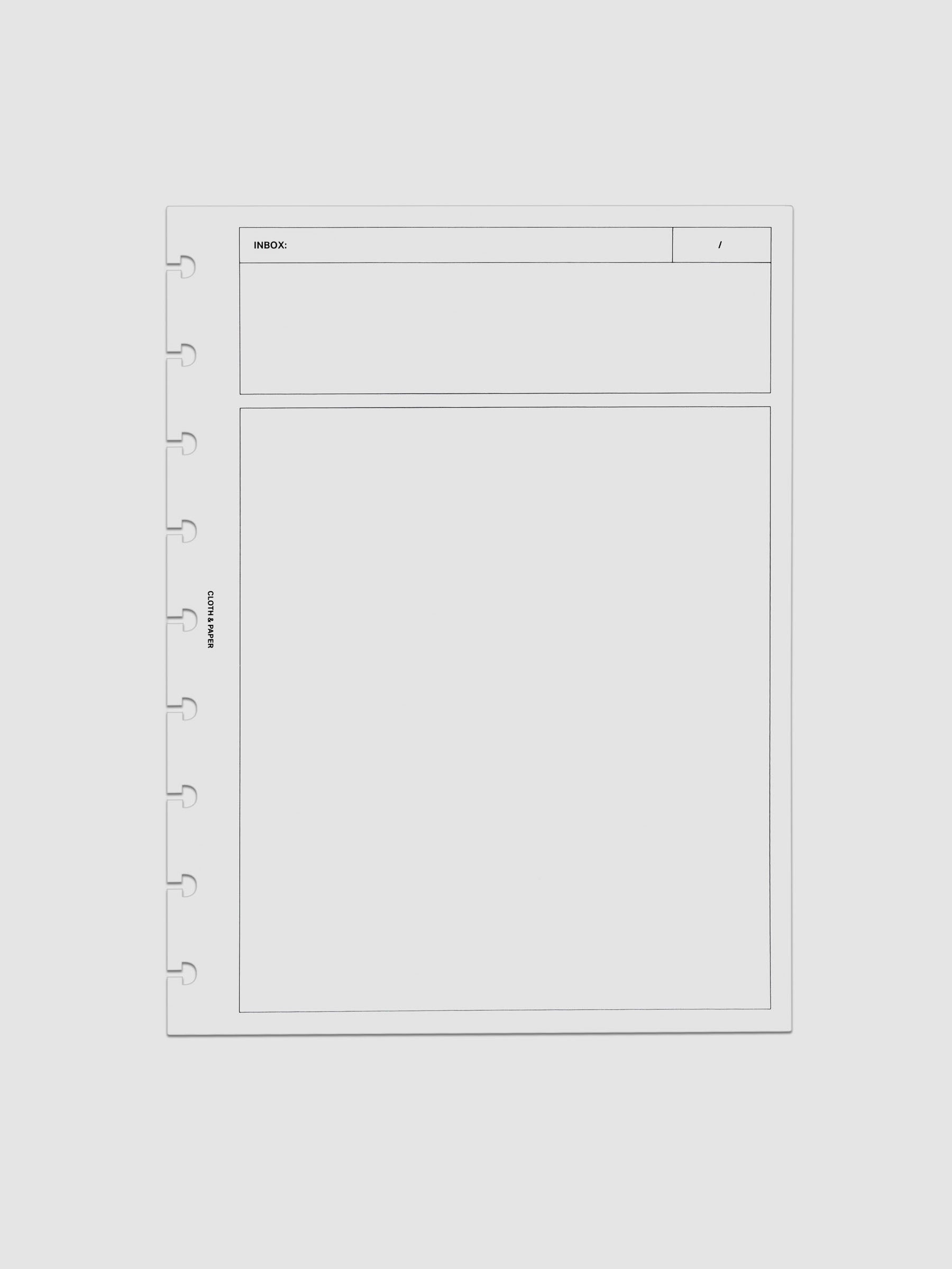 Clear, flexible plastic dashboard with black printed rectangular boxes and a header titled 'Inbox'. Shown in size HP Classic, pre-punched for discbound notebooks and planners.