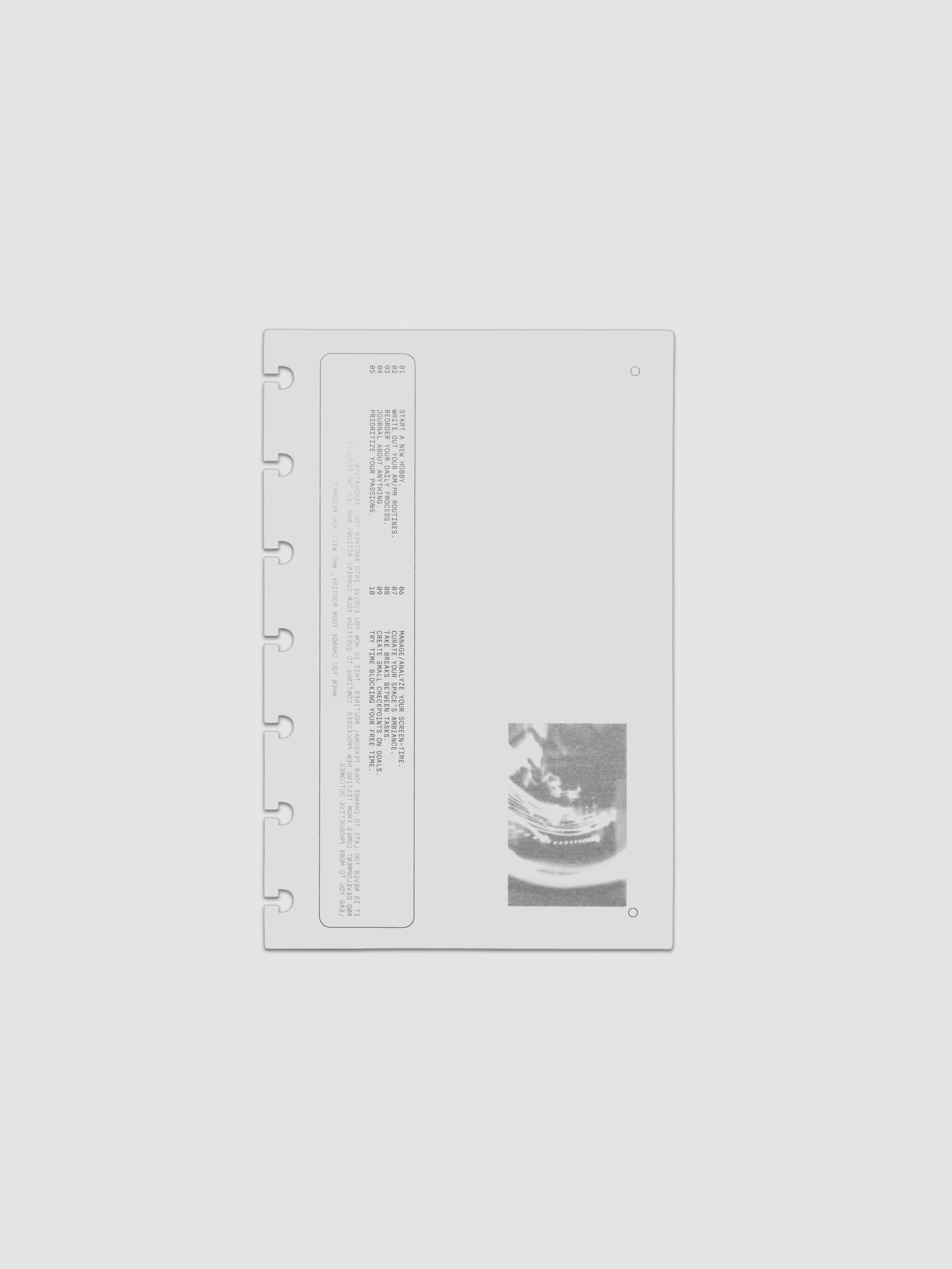 Translucent vellum dashboard with black printed type and photographic designs. Pre-punched for HP Mini sized discbound notebooks and planners.
