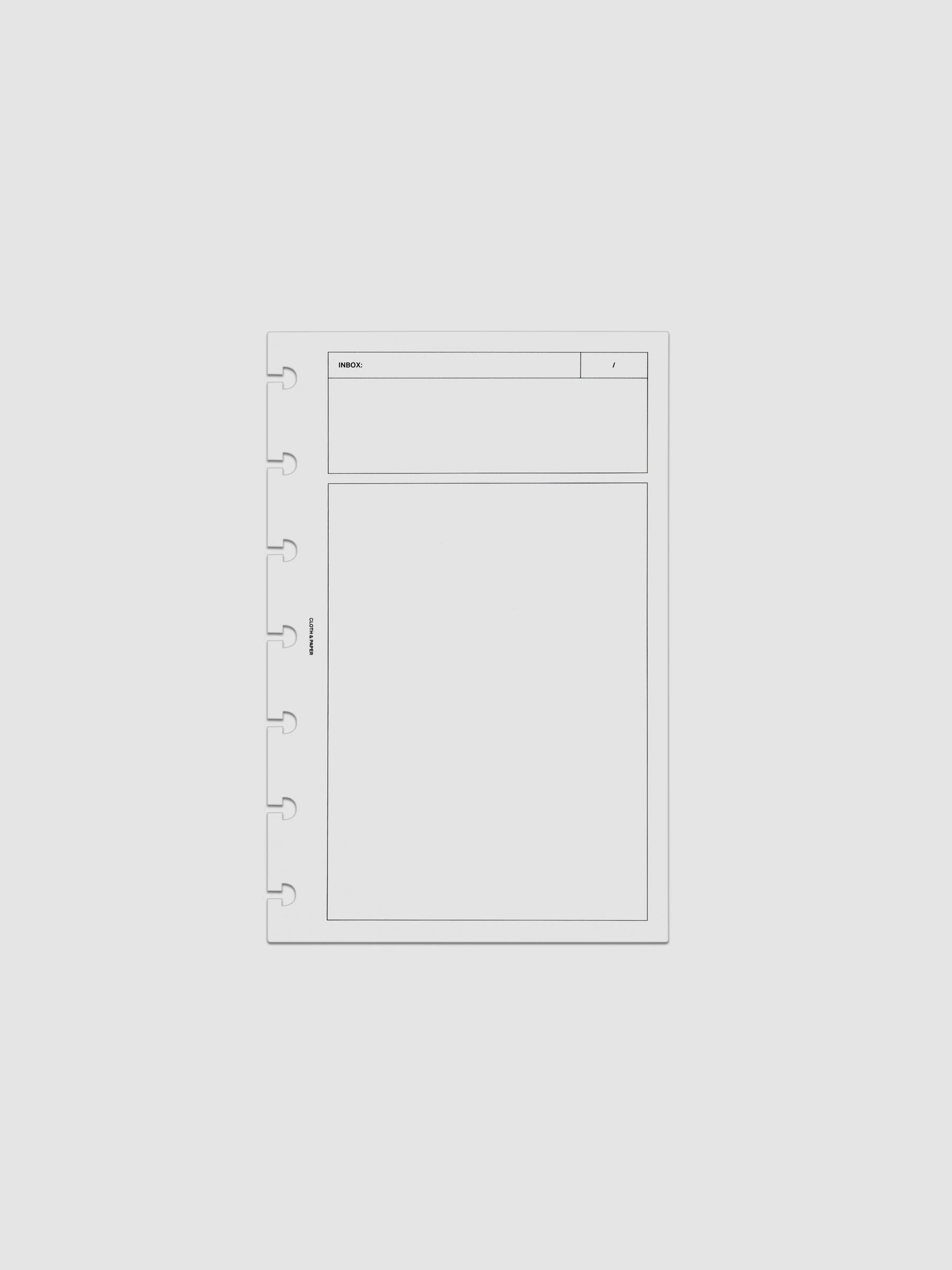 Clear, flexible plastic dashboard with black printed rectangular boxes and a header titled 'Inbox'. Shown in size HP Mini, pre-punched for discbound notebooks and planners.