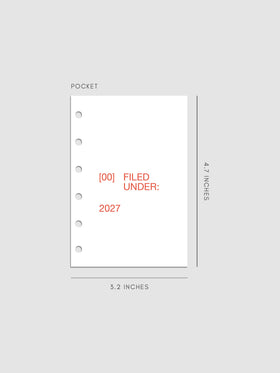 2027 Front + Monthly Dashboard Overlays, Saffron, Pocket 6-Ring Punch, set of 13 translucent vellum overlays including a front cover overlay and 12 monthly dashboards printed in red and orange ink