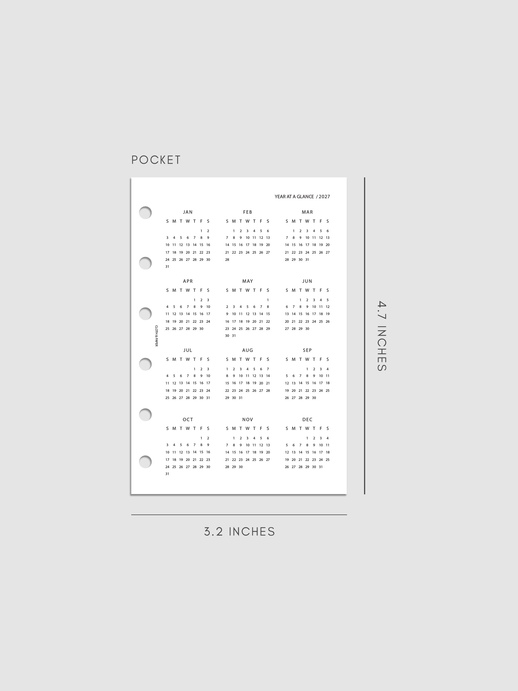 2027 Year At A Glance Dashboard Sunday Start, Pocket 6-Ring Punch, translucent vellum dashboard printed with a full 2027 year-at-a-glance calendar in Sunday-start format