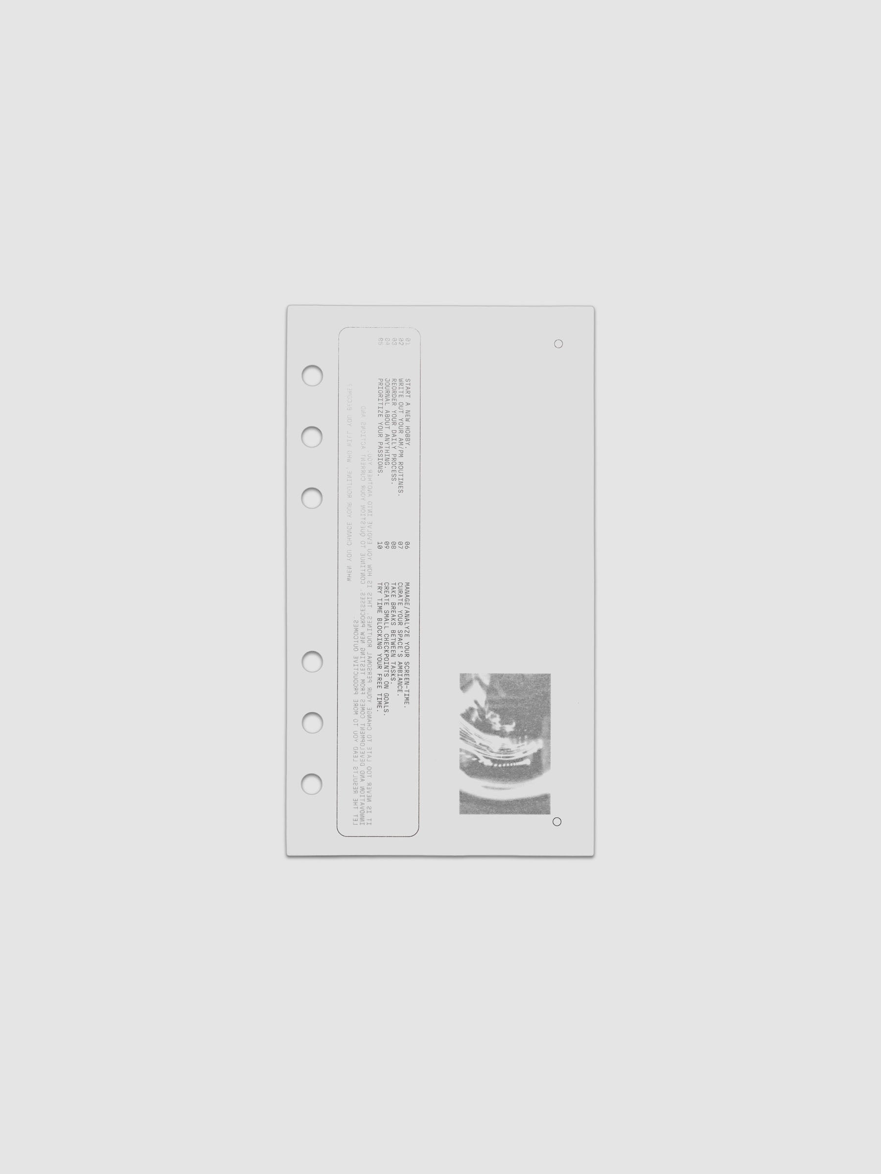 Translucent vellum dashboard with black printed type and photographic designs. Pre-punched for Personal sized 6-ring binders.
