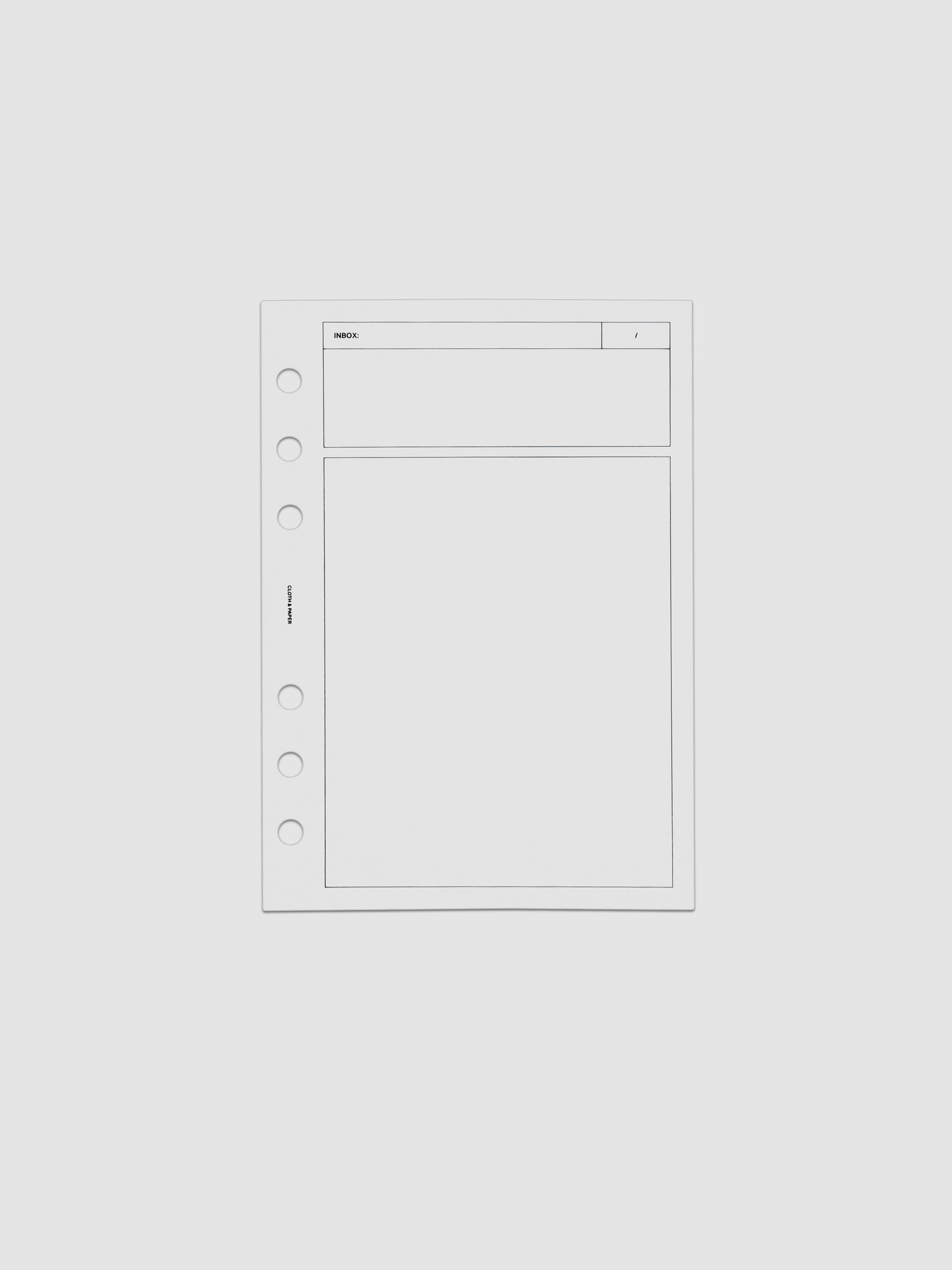 Clear, flexible plastic dashboard with black printed rectangular boxes and a header titled 'Inbox'. Shown in size Personal Wide, pre-punched for 6-ring binders.