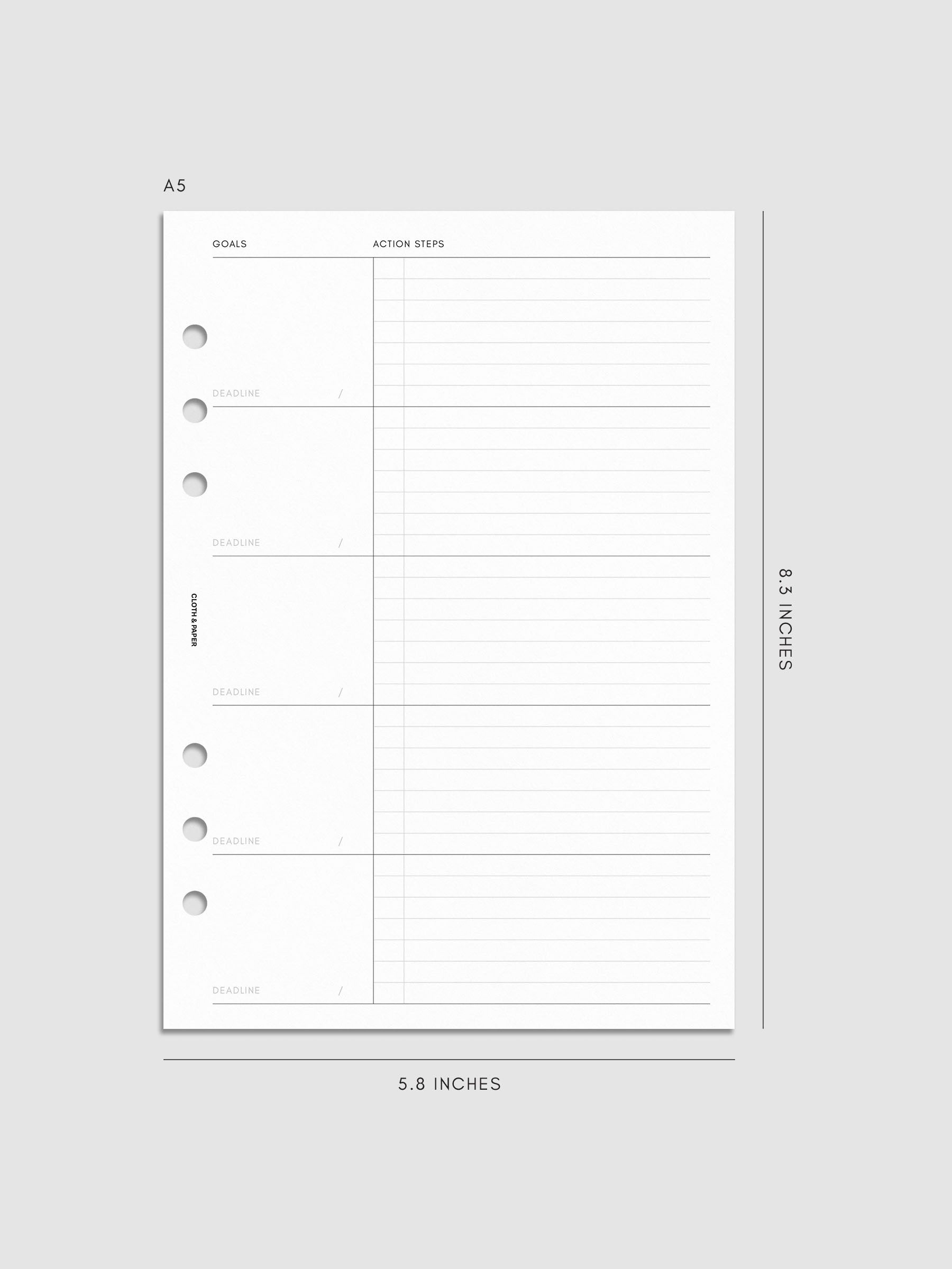 A blank A5 planner page with sections for goals, deadlines, and action steps, measuring 5.8 by 8.3 inches. The page has five holes on the left for binder insertion.