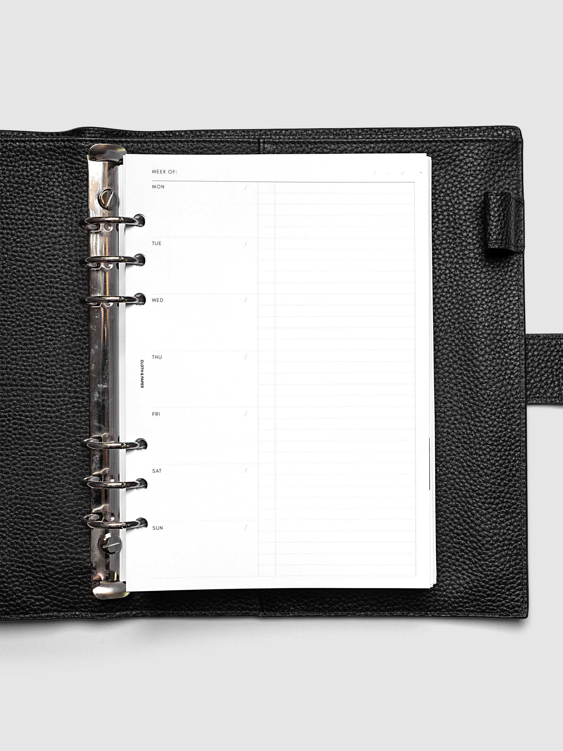 Weekly Checklist Inserts shown inside a black leather agenda in size A5.