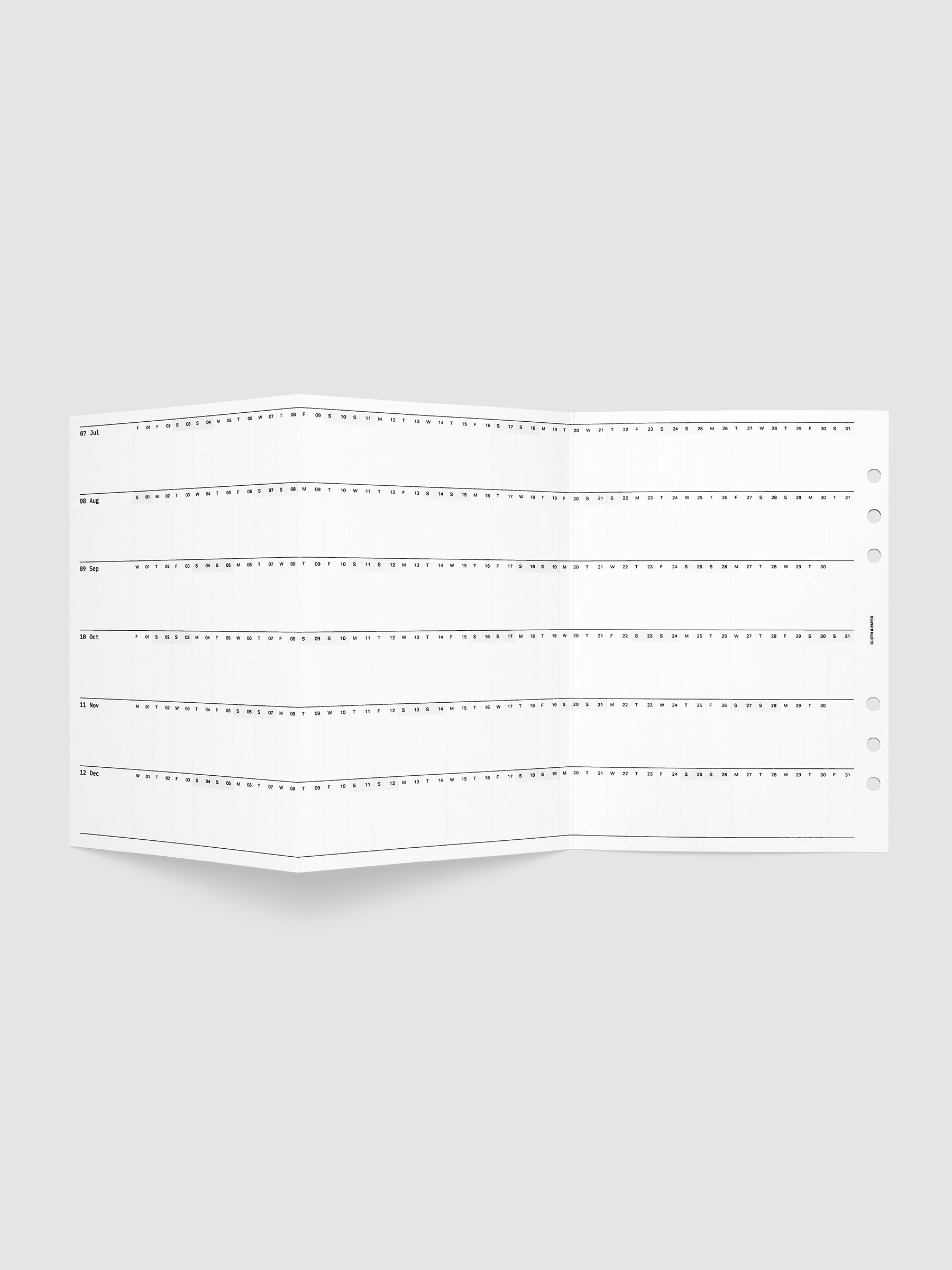 2027 Dated Fold Out Insert for the A5 6-Ring planner unfolded flat, showing six months of dated daily boxes across one side.
