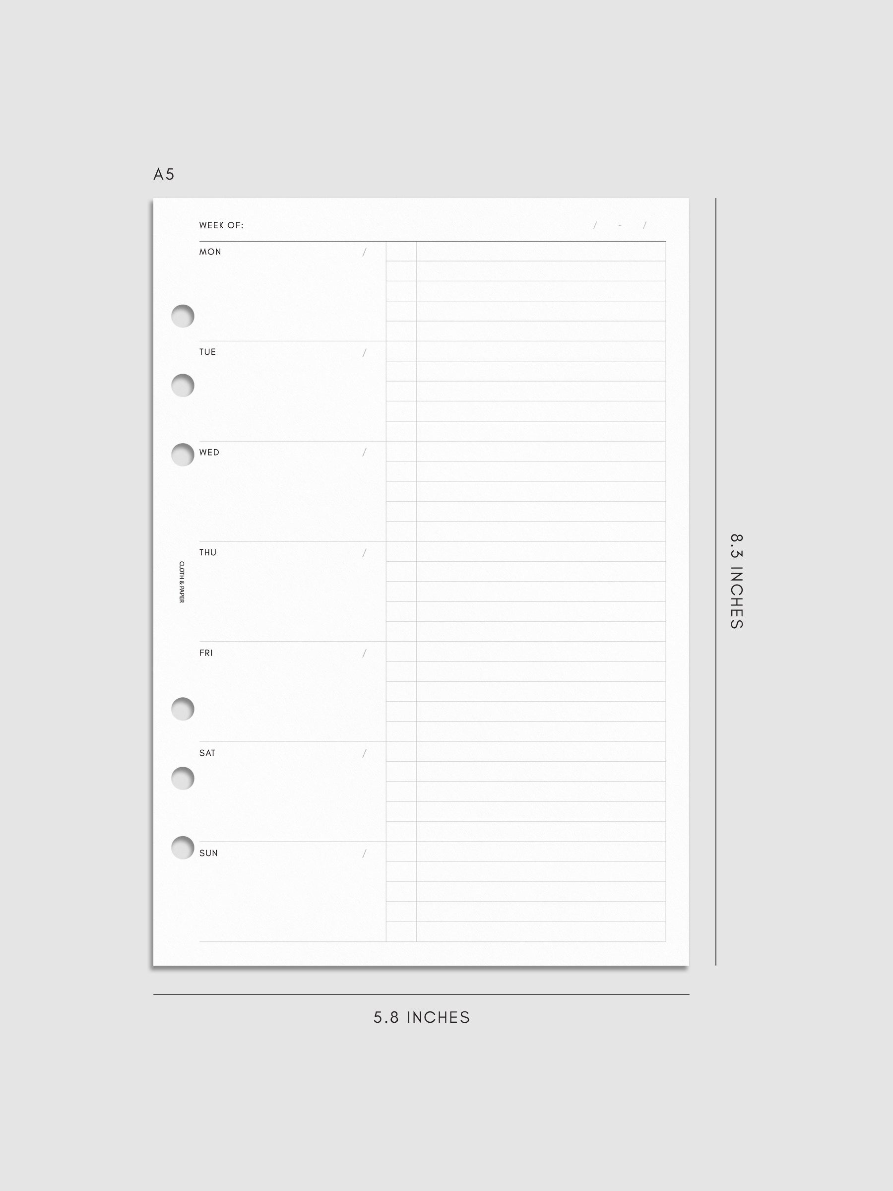 Weekly Checklist Inserts shown pre-punched for 6-ring planners in size A5.
