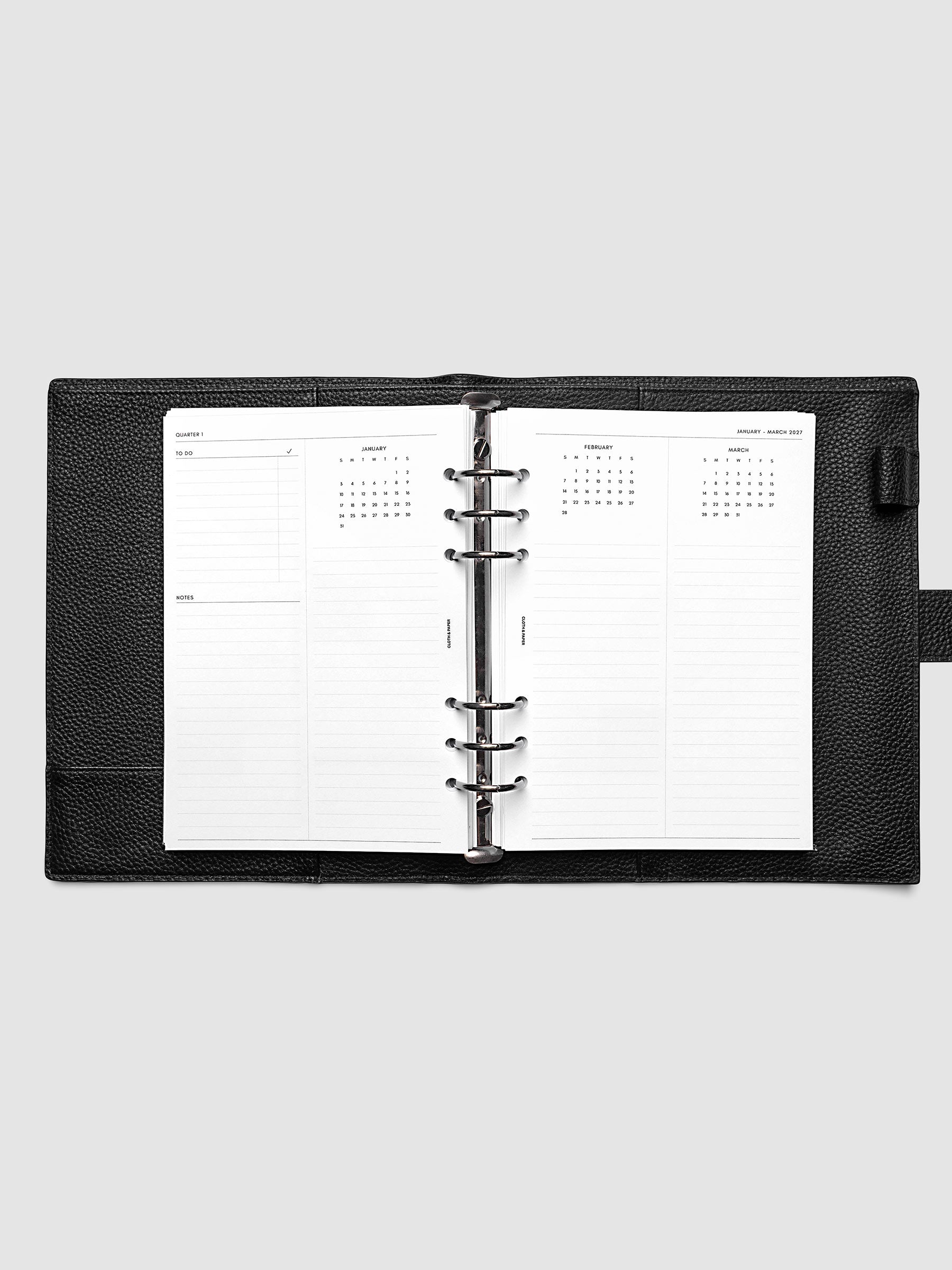 2027 Dated Yearly Overview Planner Inserts Sunday Start, A5 6-Ring Punch, full quarterly spread showing goal-setting, to-do, and notes sections on the left page alongside three monthly calendar views with notes sections on the right page, shown inside a planner