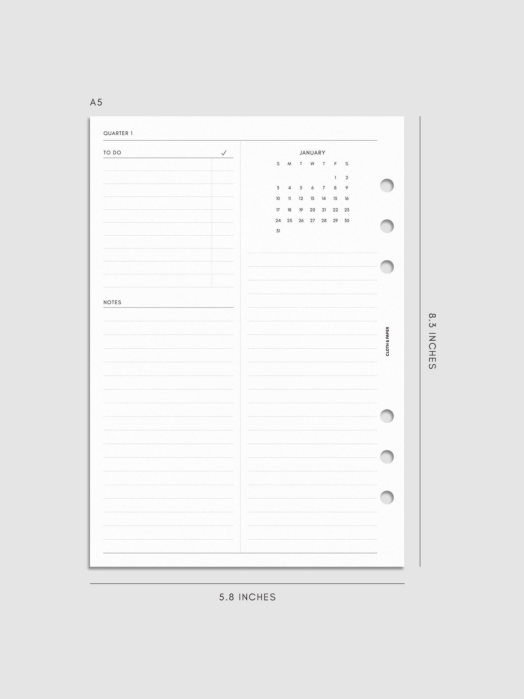 2027 Dated Yearly Overview Planner Inserts Sunday Start, A5 6-Ring Punch, left page of quarterly spread showing goal-setting, to-do, and notes sections
