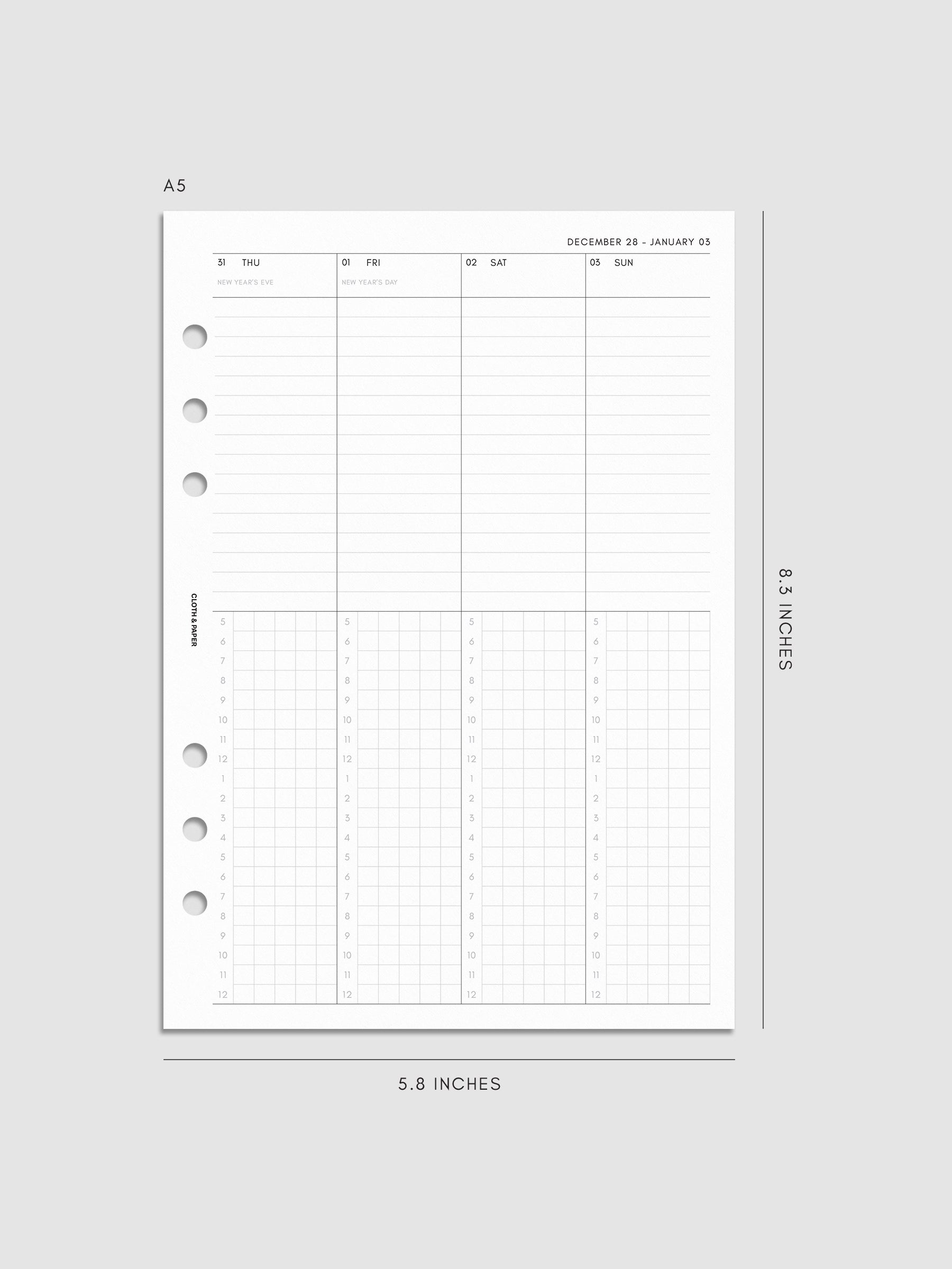2027 Dated Weekly Time Block Inserts in A5 6-Ring Punch size, right page