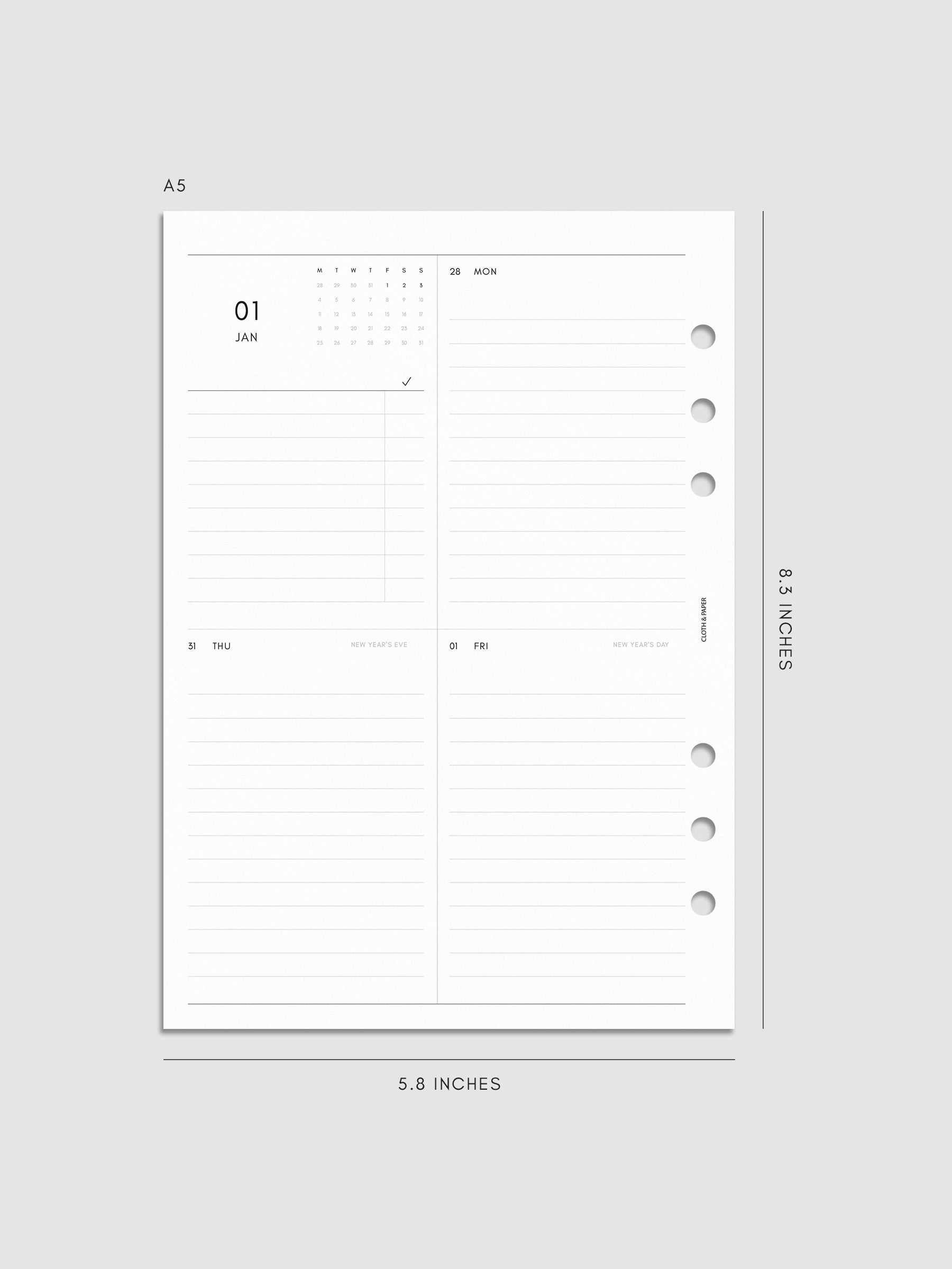2027 Dated Weekly Vertical Planner Inserts, Monday Start, A5 6-Ring Punch, left page of weekly spread showing a two-column two-row daily grid with mini monthly calendar and task list alongside Monday and lined sections throughout