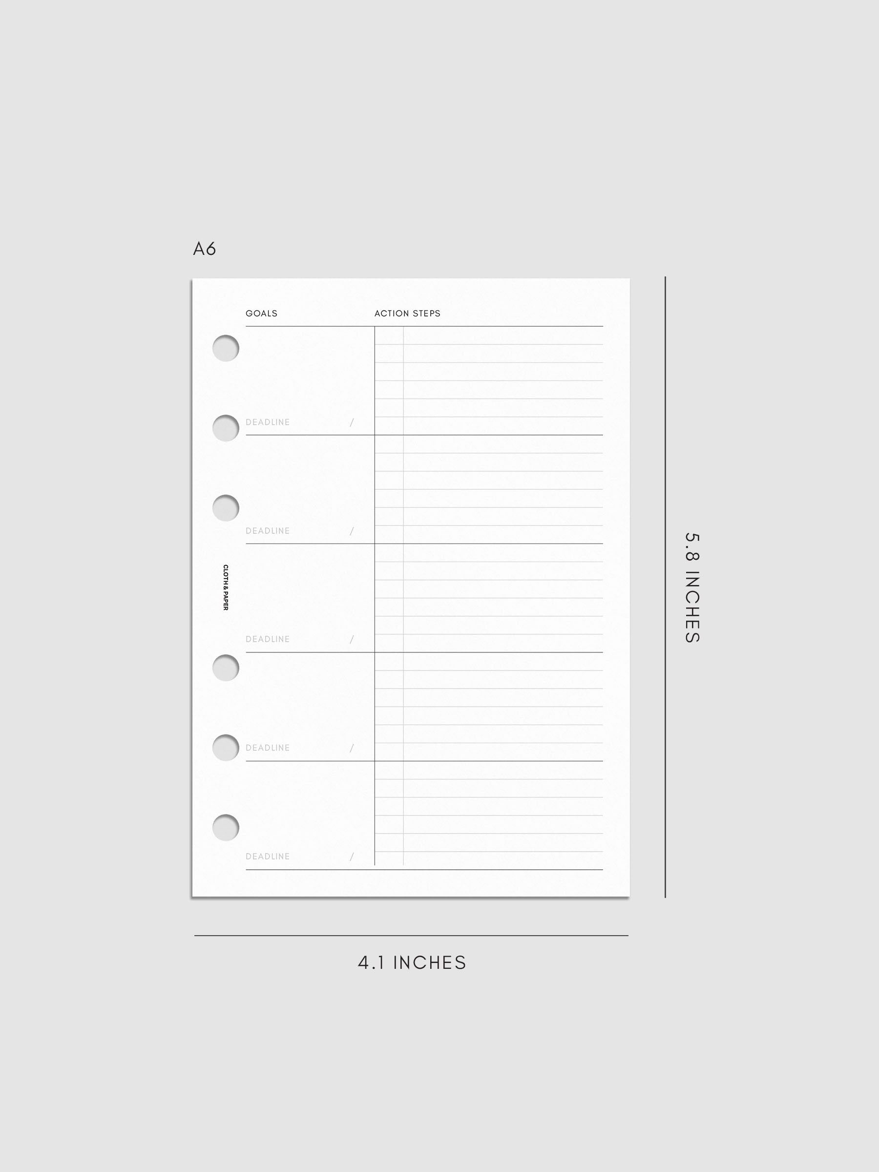 A6-sized planner page with sections for goals, deadlines, and action steps, measuring 5.8 by 4.1 inches. The page has five rows for goals and deadlines on the left and lined space for action steps on the right.