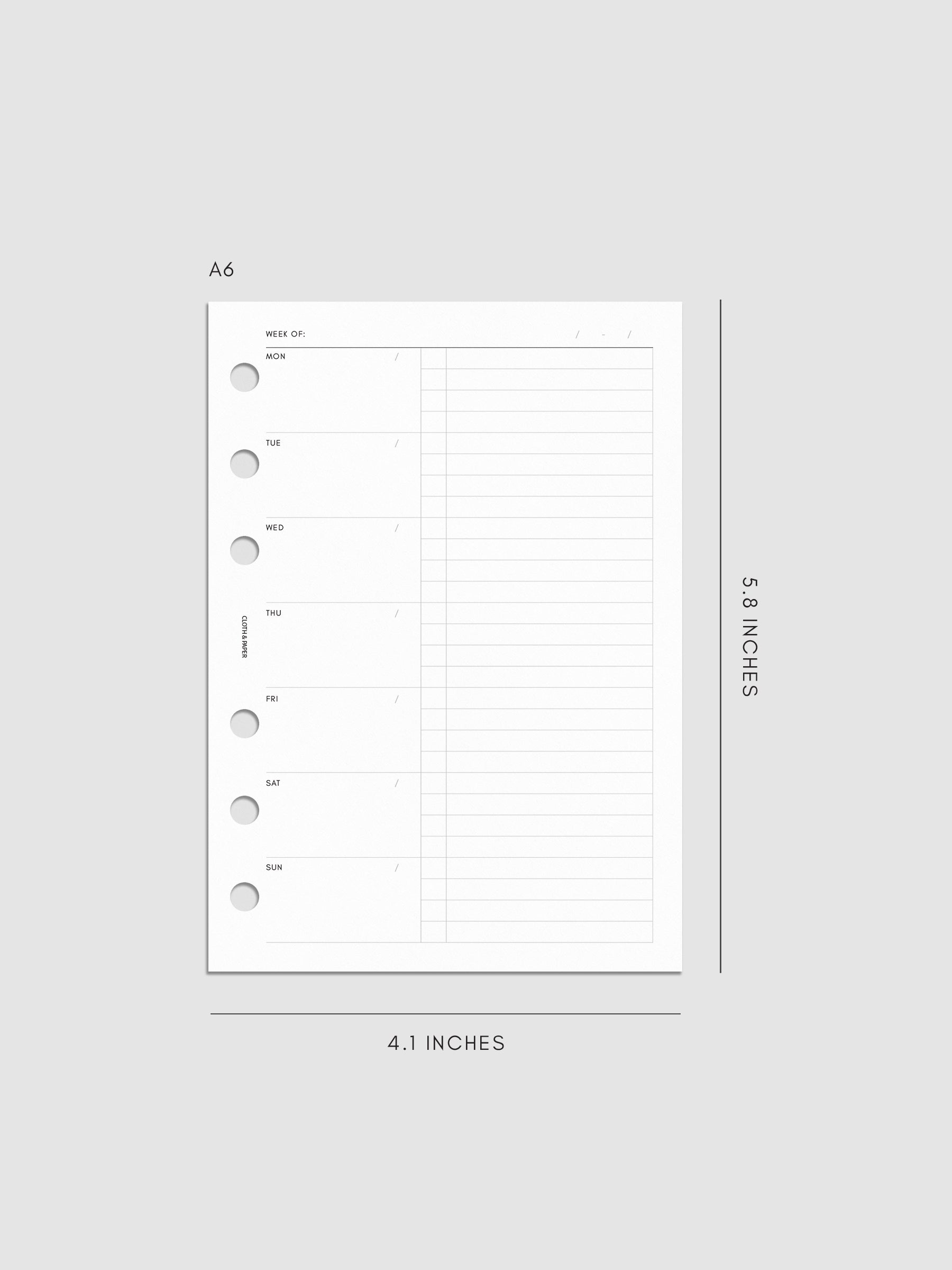 Weekly Checklist Inserts shown pre-punched for 6-ring planners in size A6.