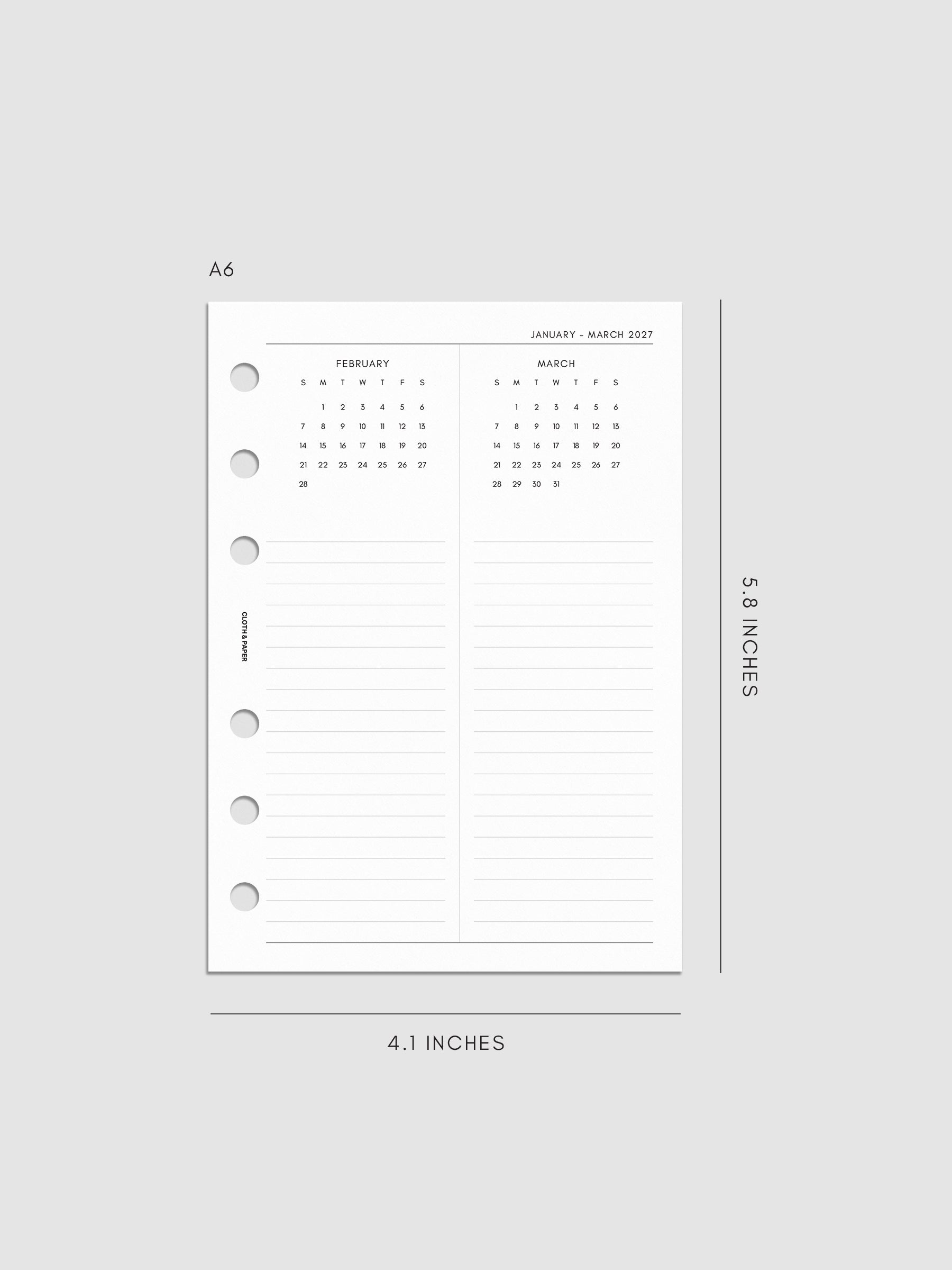 2027 Dated Yearly Overview Planner Inserts Sunday Start, A6 6-Ring Punch, right page of quarterly spread showing three monthly calendar views each with a notes section below