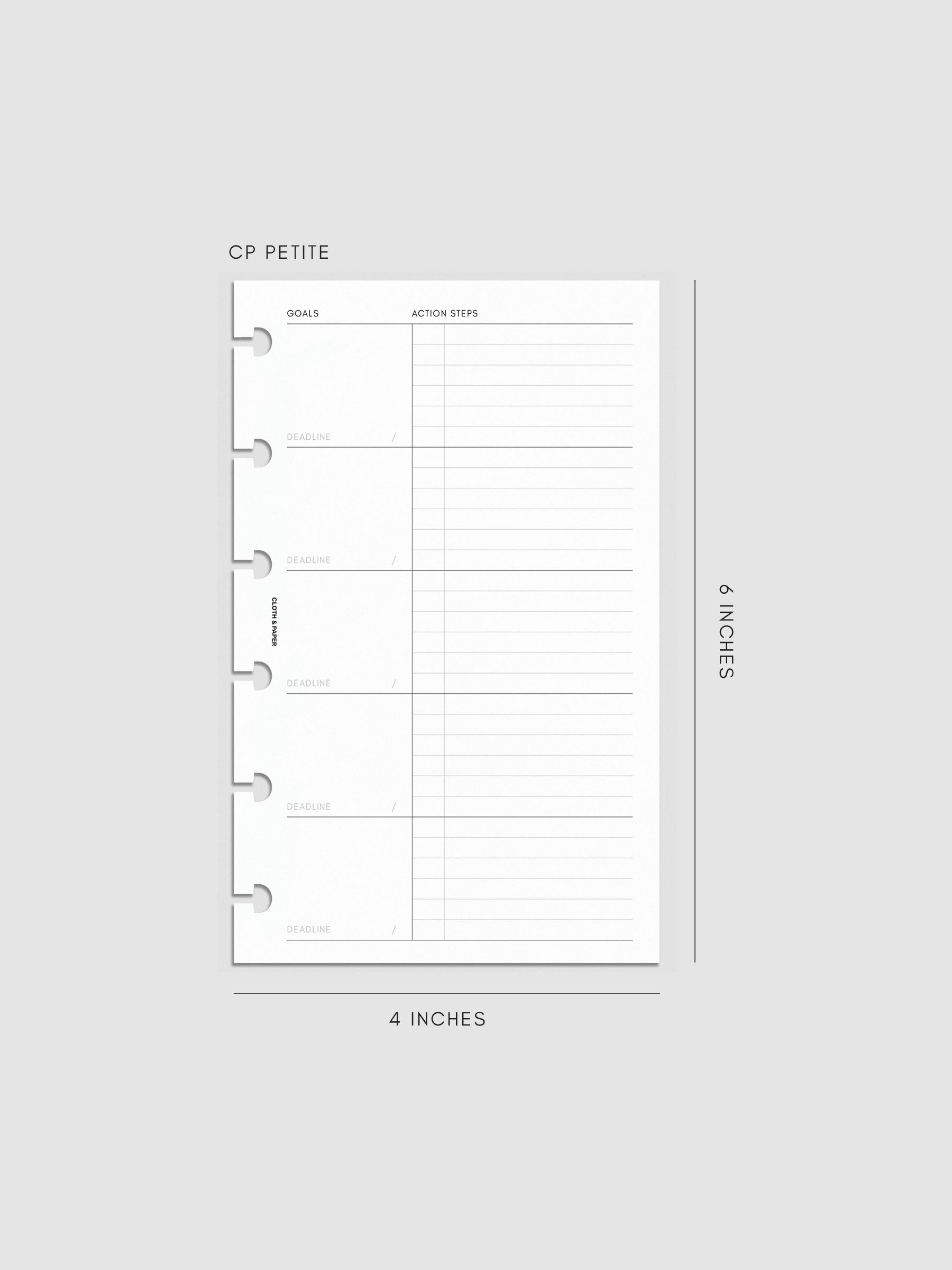 A CP Petite planner page with sections for goals, deadlines, and action steps is displayed on a light gray background. The planner measures 6 inches tall by 4 inches wide.