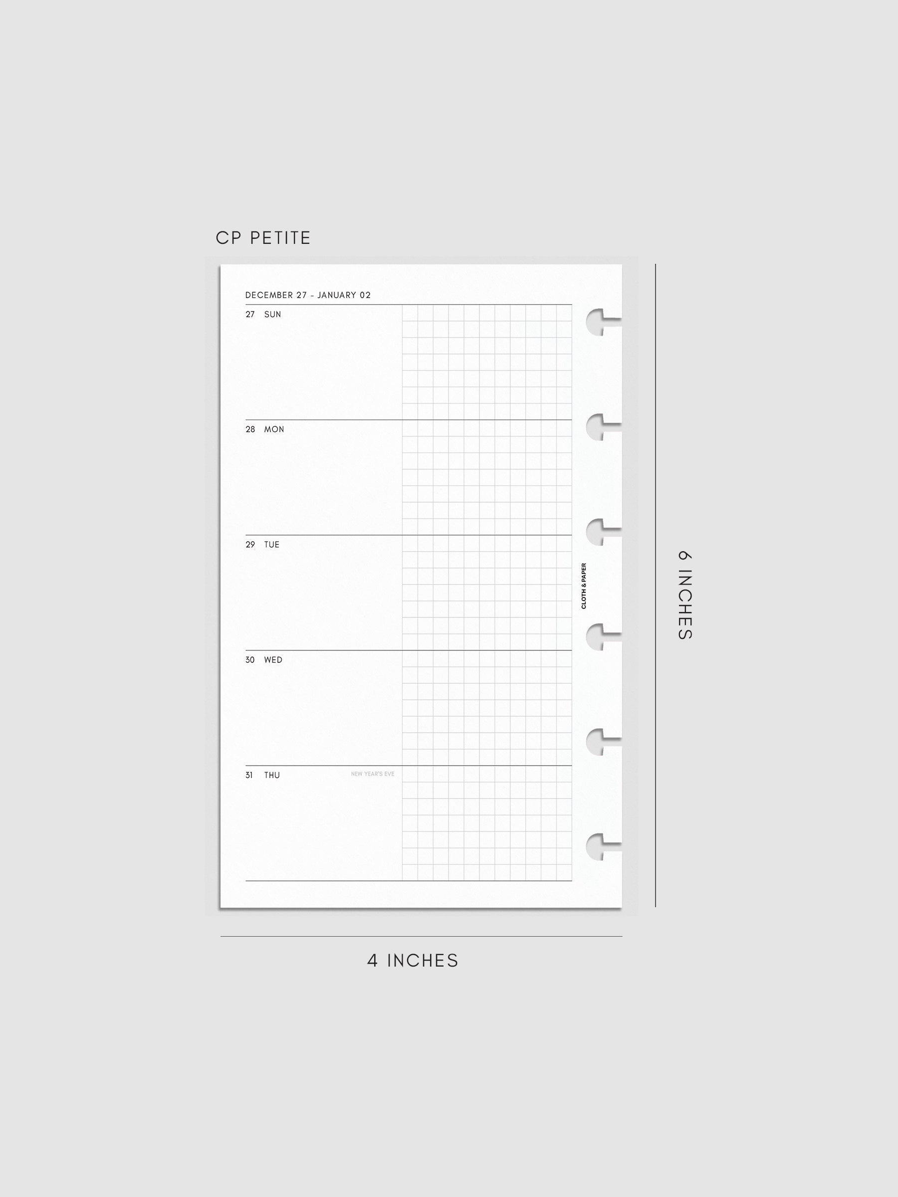 Mockup of the 2027 Dated Weekly Horizontal Planner Inserts | Sunday Start left page shown in size CP Petite 6-Disc Punch