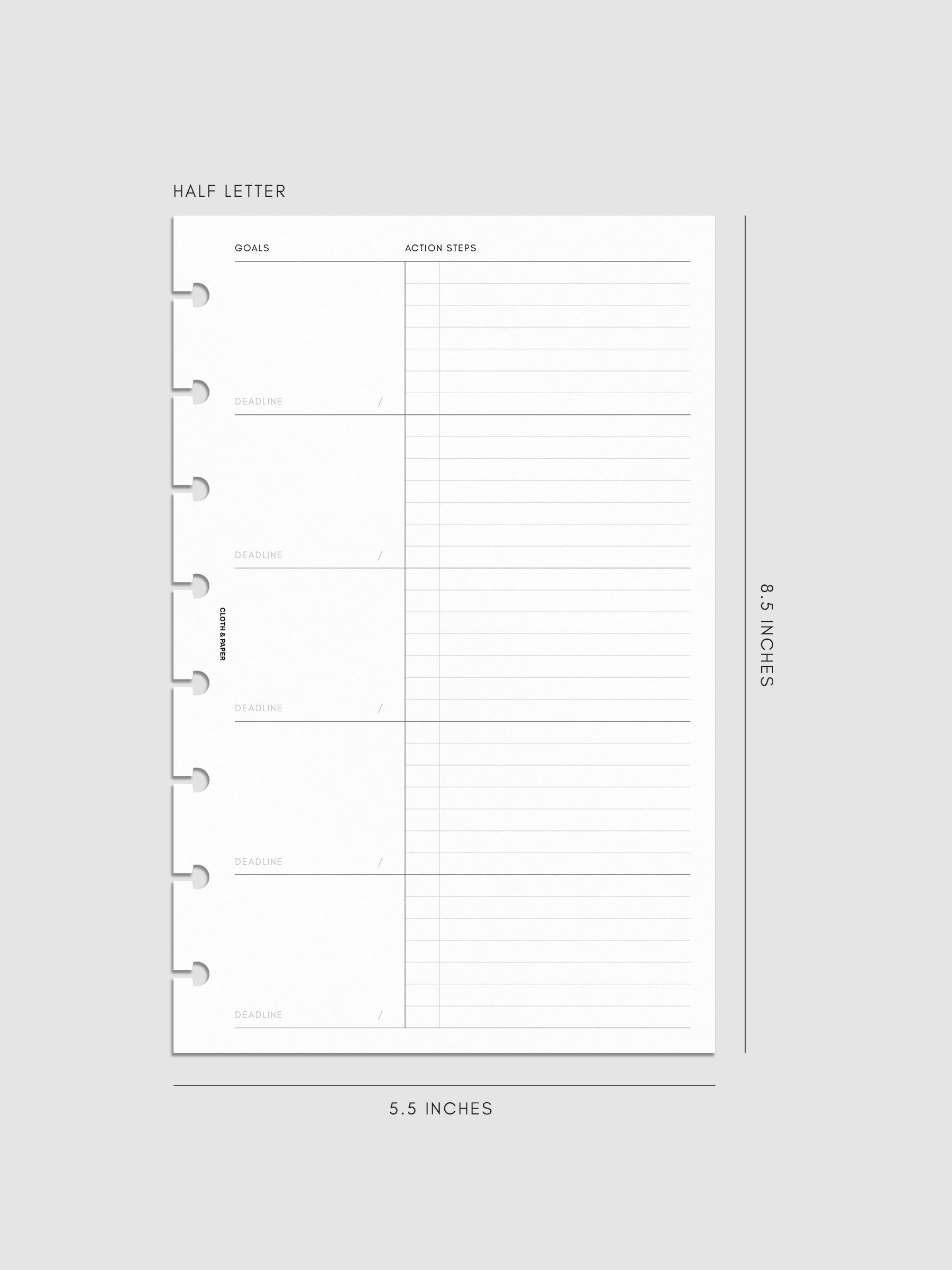 A half-letter size planner page with sections for goals, deadlines, and action steps, measuring 5.5 by 8.5 inches. The layout is minimal with labeled boxes on the left and lined space on the right.