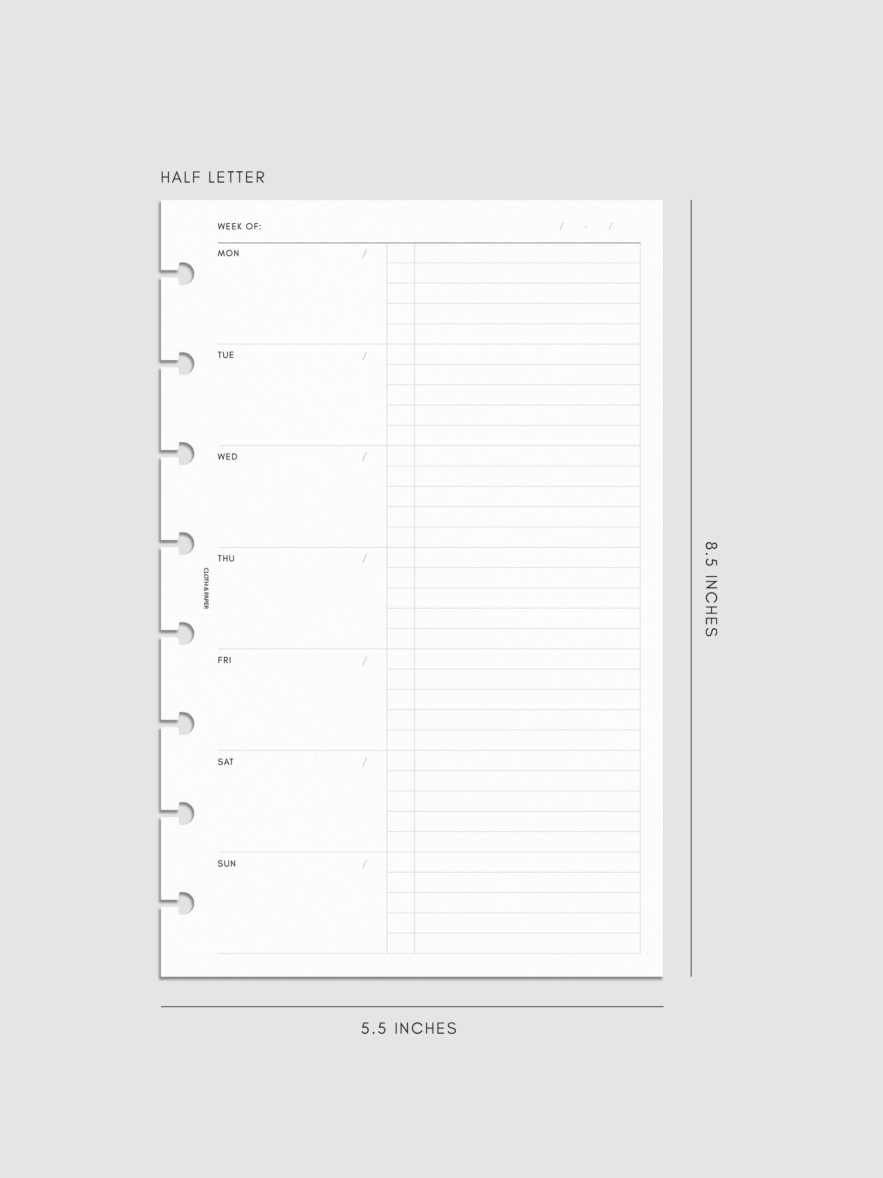 Weekly Checklist Inserts shown pre-punched for discbound planners in size Half Letter.