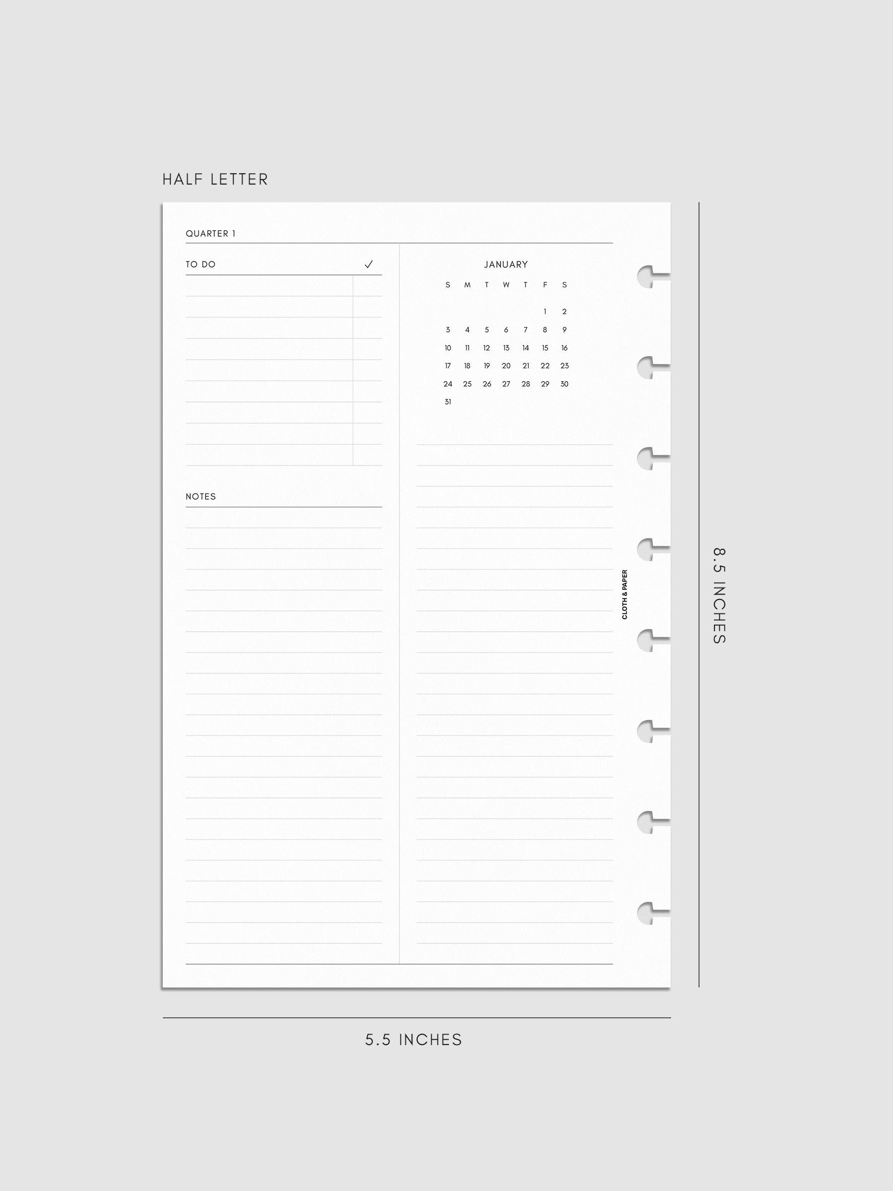 2027 Dated Yearly Overview Planner Inserts Sunday Start, Half Letter 8-Disc Punch, left page of quarterly spread showing goal-setting, to-do, and notes sections
