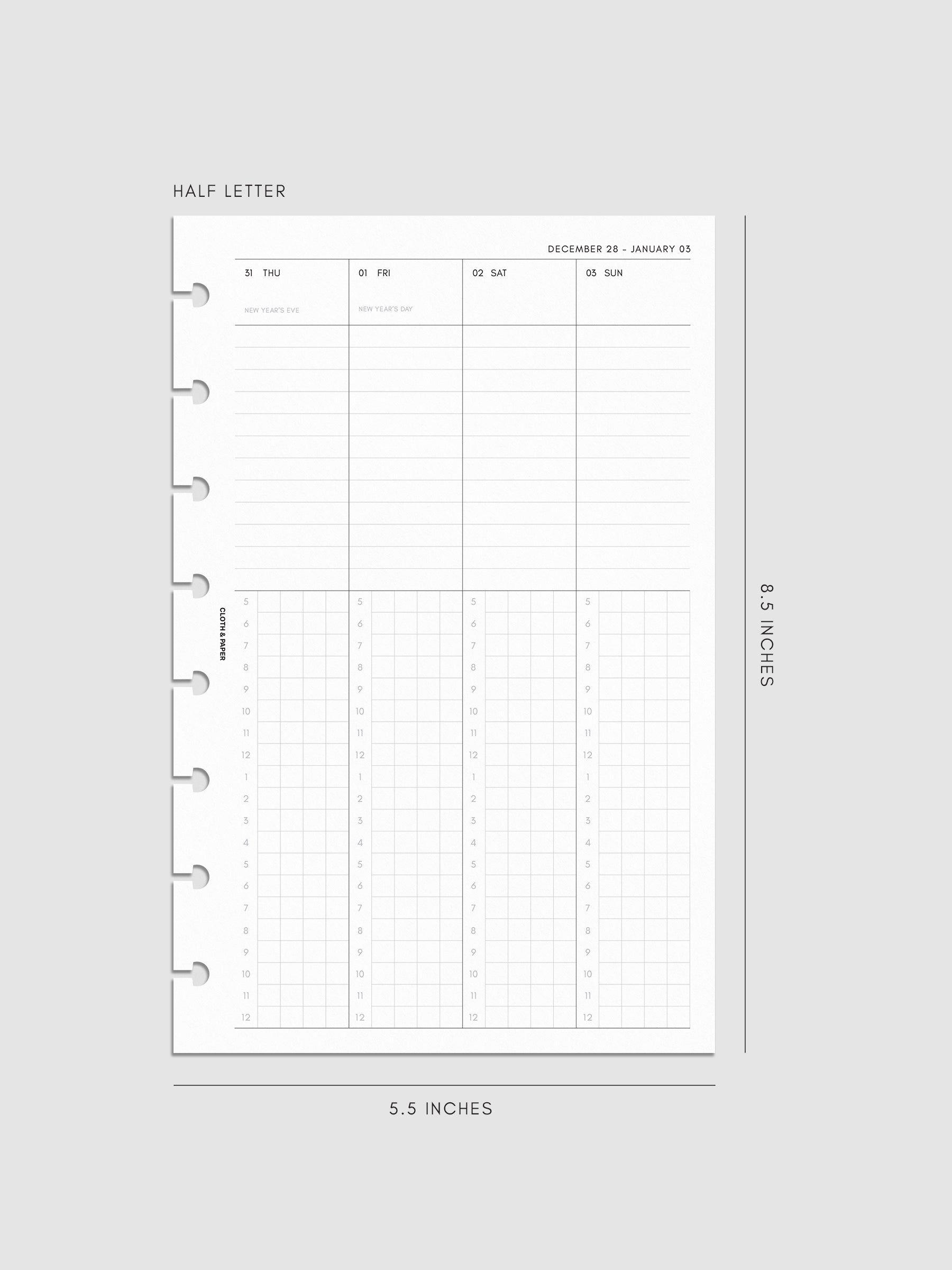 2027 Dated Weekly Time Block Inserts in Half Letter 8-Disc Punch size, right page