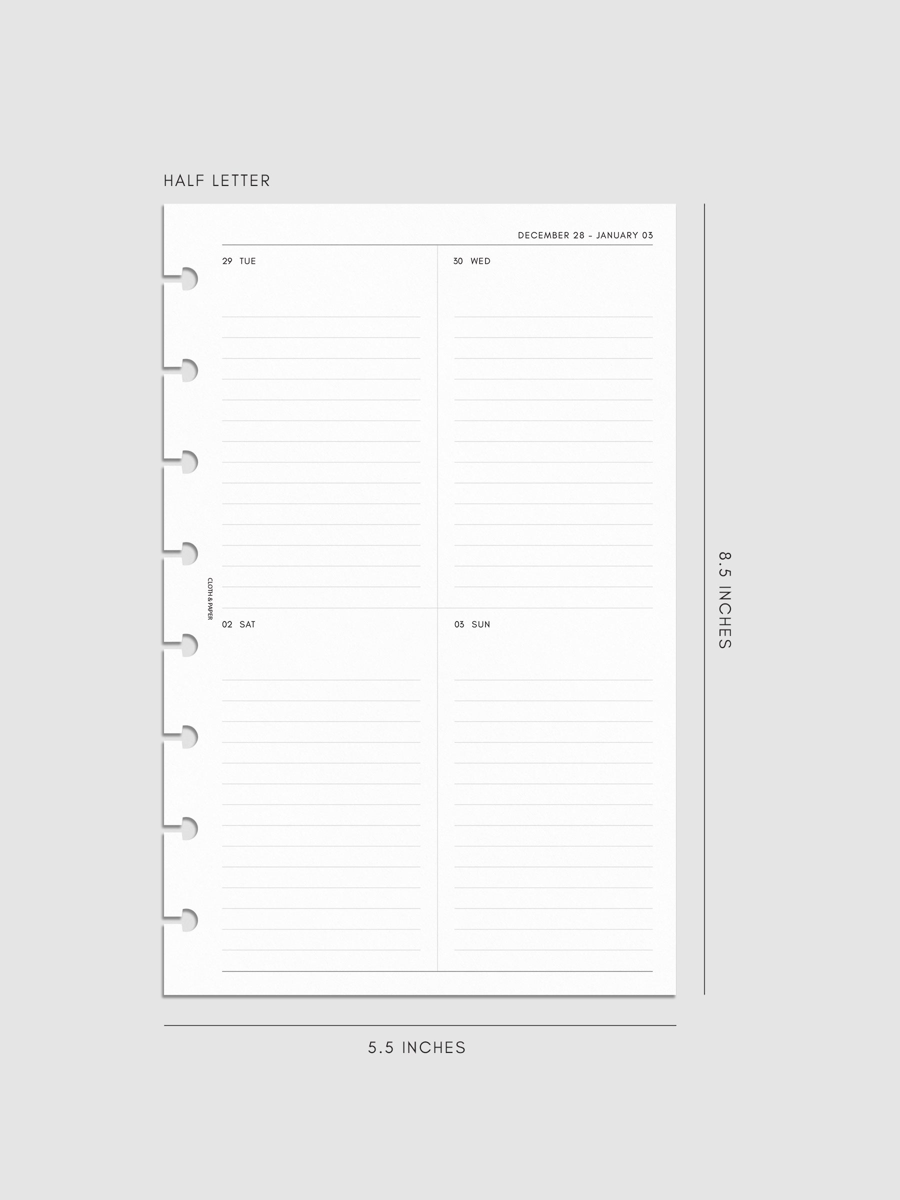 2027 Dated Weekly Vertical Planner Inserts, Monday Start, Half Letter 8-Disc Punch, right page of weekly spread showing a two-column two-row daily grid with lined sections throughout
