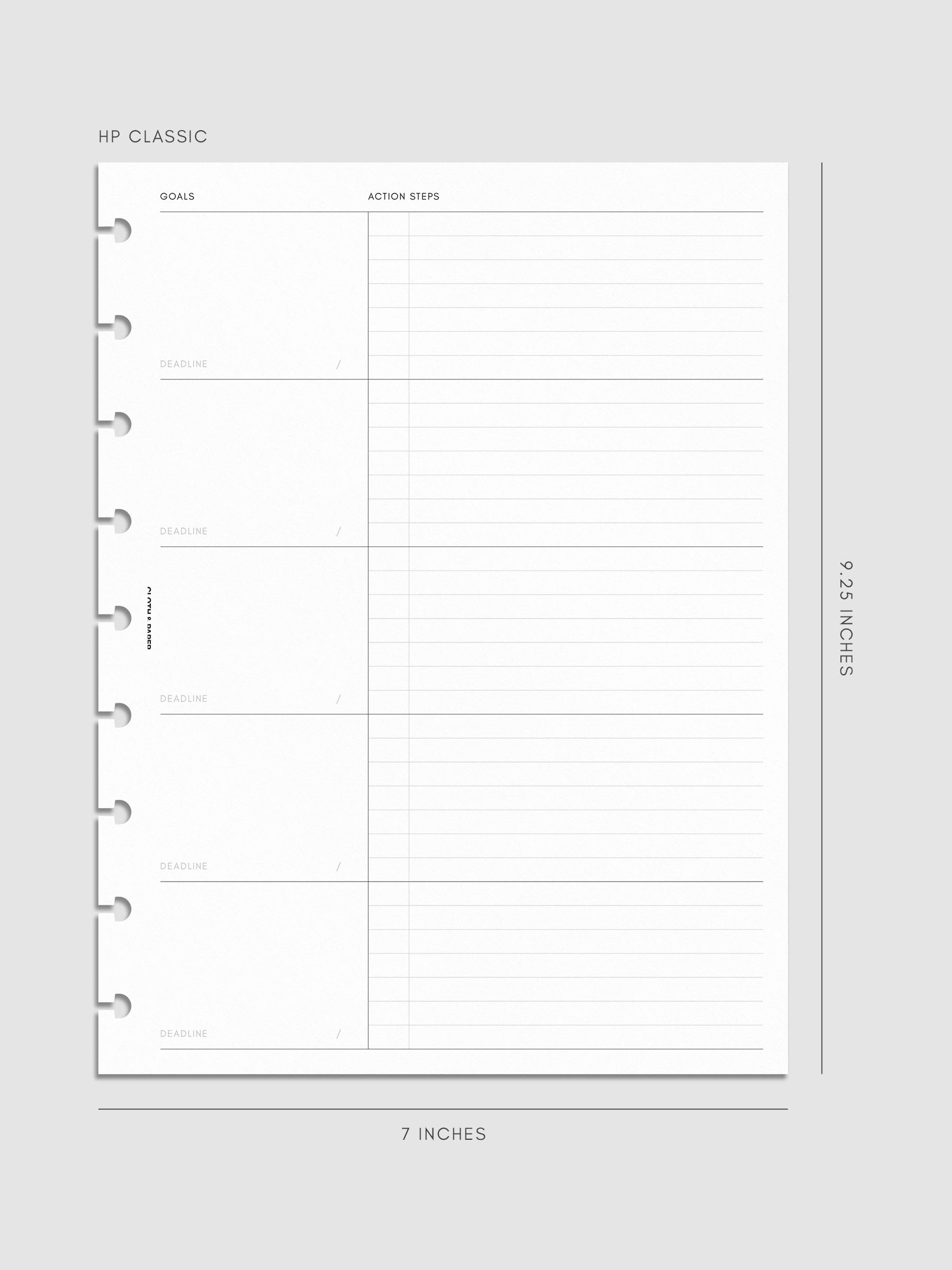 A blank planner page with sections for goals, action steps, and deadlines, measuring 9.25 by 7 inches. The layout includes lined and unlined areas for writing.