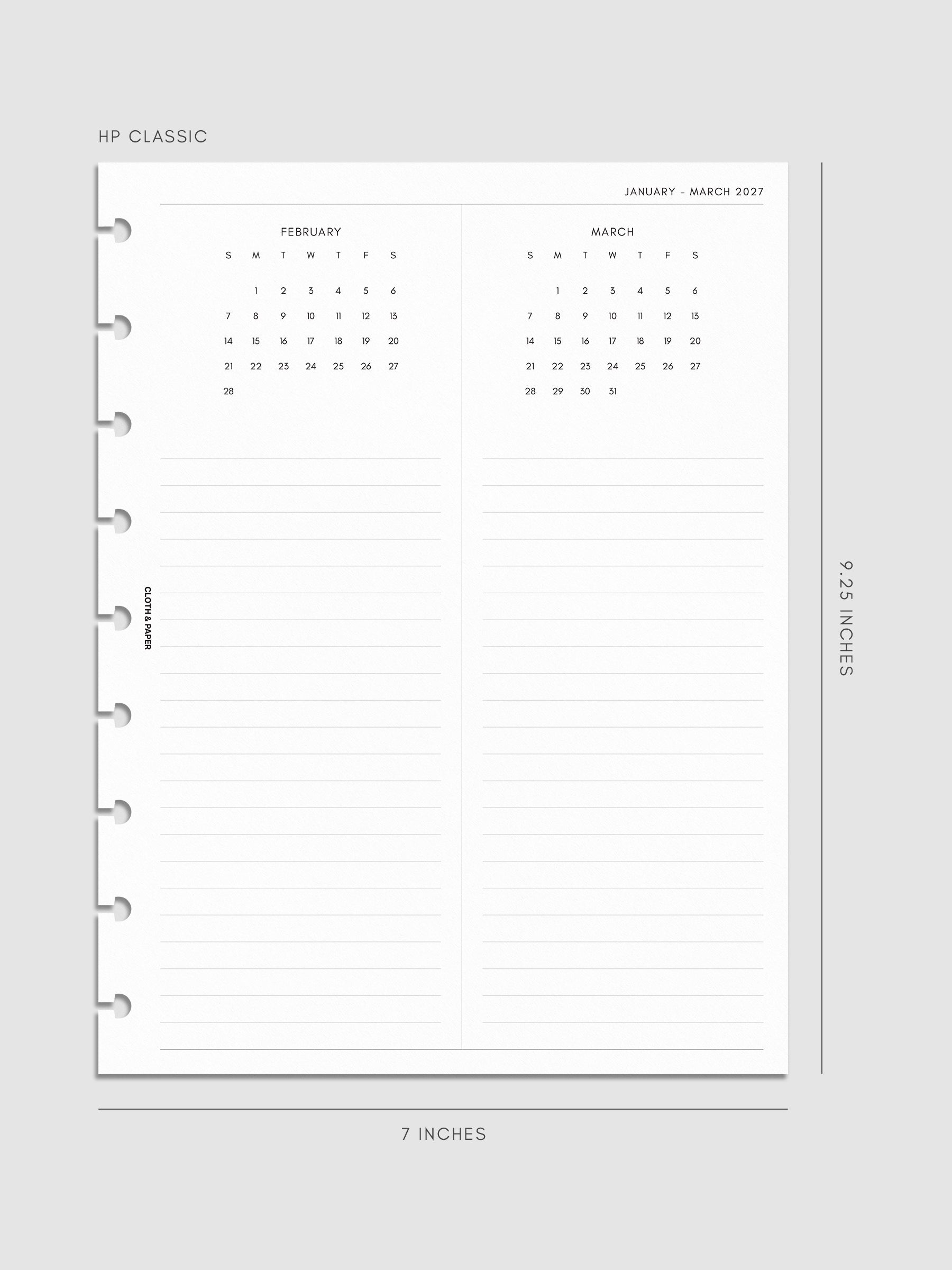 2027 Dated Yearly Overview Planner Inserts Sunday Start, HP Classic 9-Disc Punch, right page of quarterly spread showing three monthly calendar views each with a notes section below