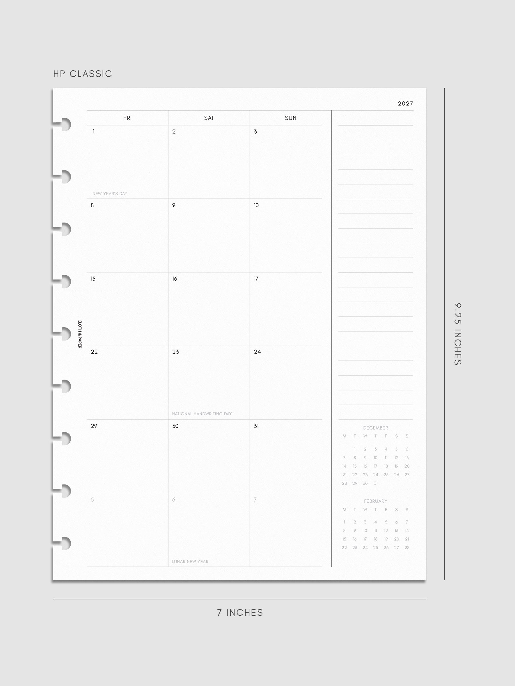 2027 Dated Monthly Planner Inserts, Monday Start, HP Classic 9-Disc Punch, right page of two-page monthly calendar spread with notes column and mini calendars in the bottom right corner shown inside a planner