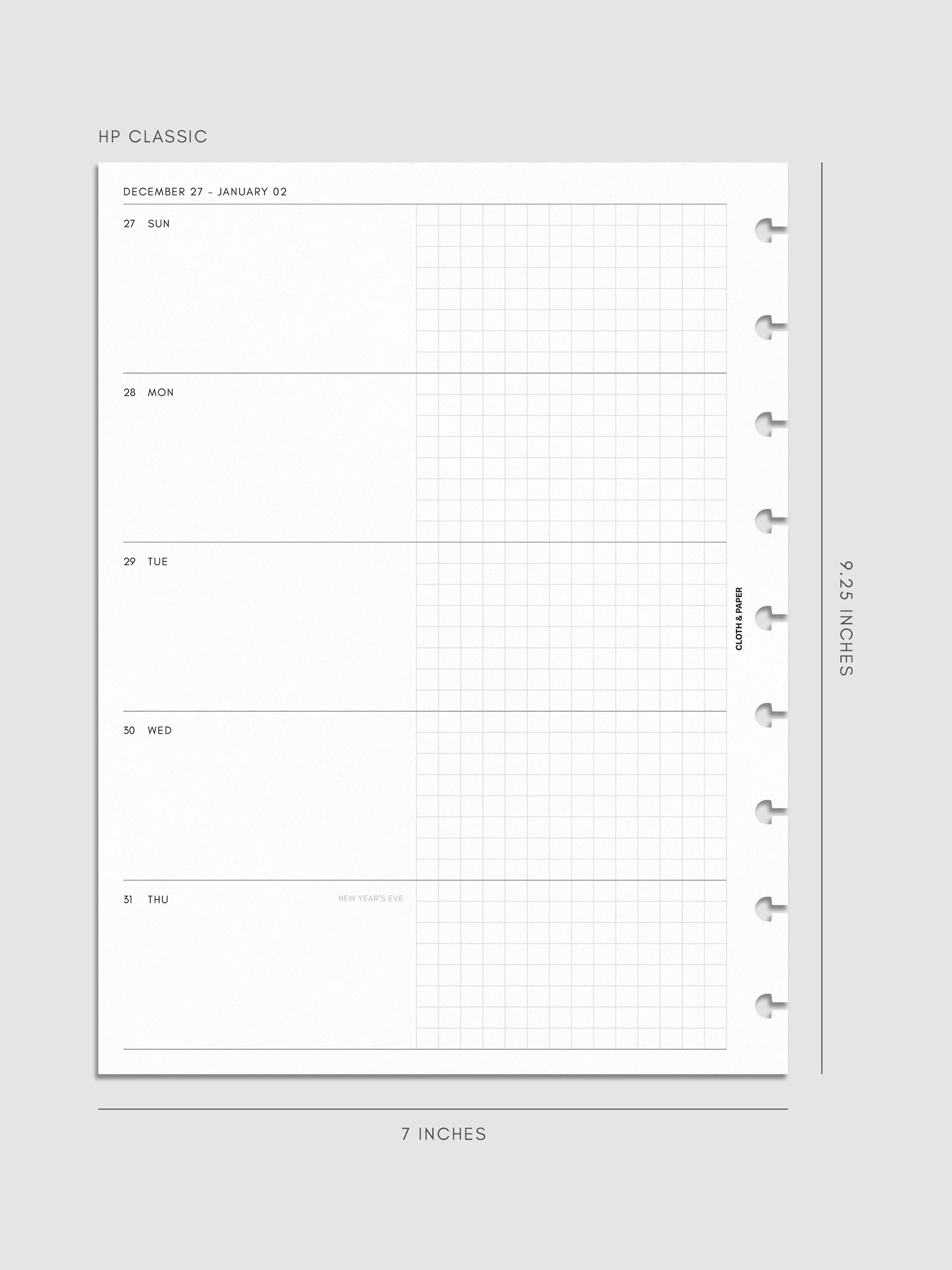 Mockup of the 2027 Dated Weekly Horizontal Planner Inserts | Sunday Start left page shown in size HP Classic 9-Disc Punch