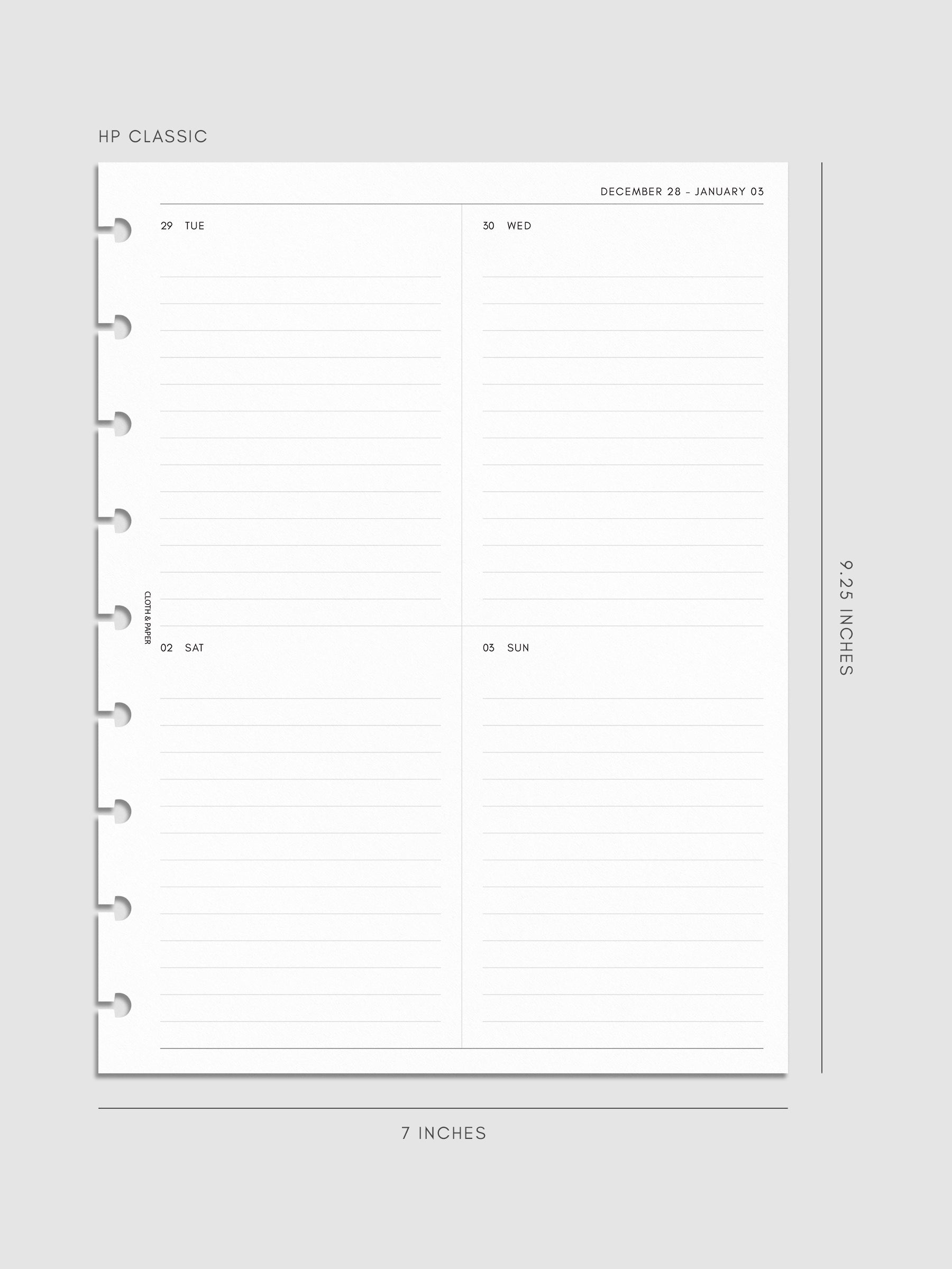 2027 Dated Weekly Vertical Planner Inserts, Monday Start, HP Classic 9-Disc Punch, right page of weekly spread showing a two-column two-row daily grid with lined sections throughout
