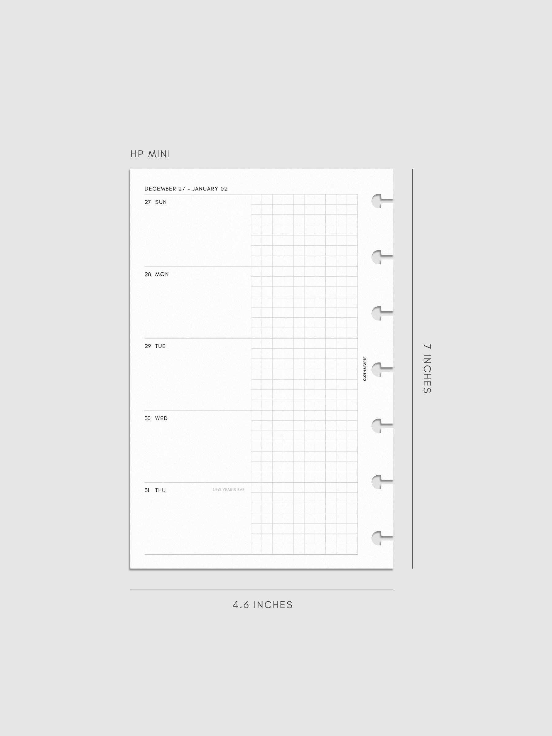 Mockup of the 2027 Dated Weekly Horizontal Planner Inserts | Sunday Start left page shown in size HP Mini 7-Disc Punch