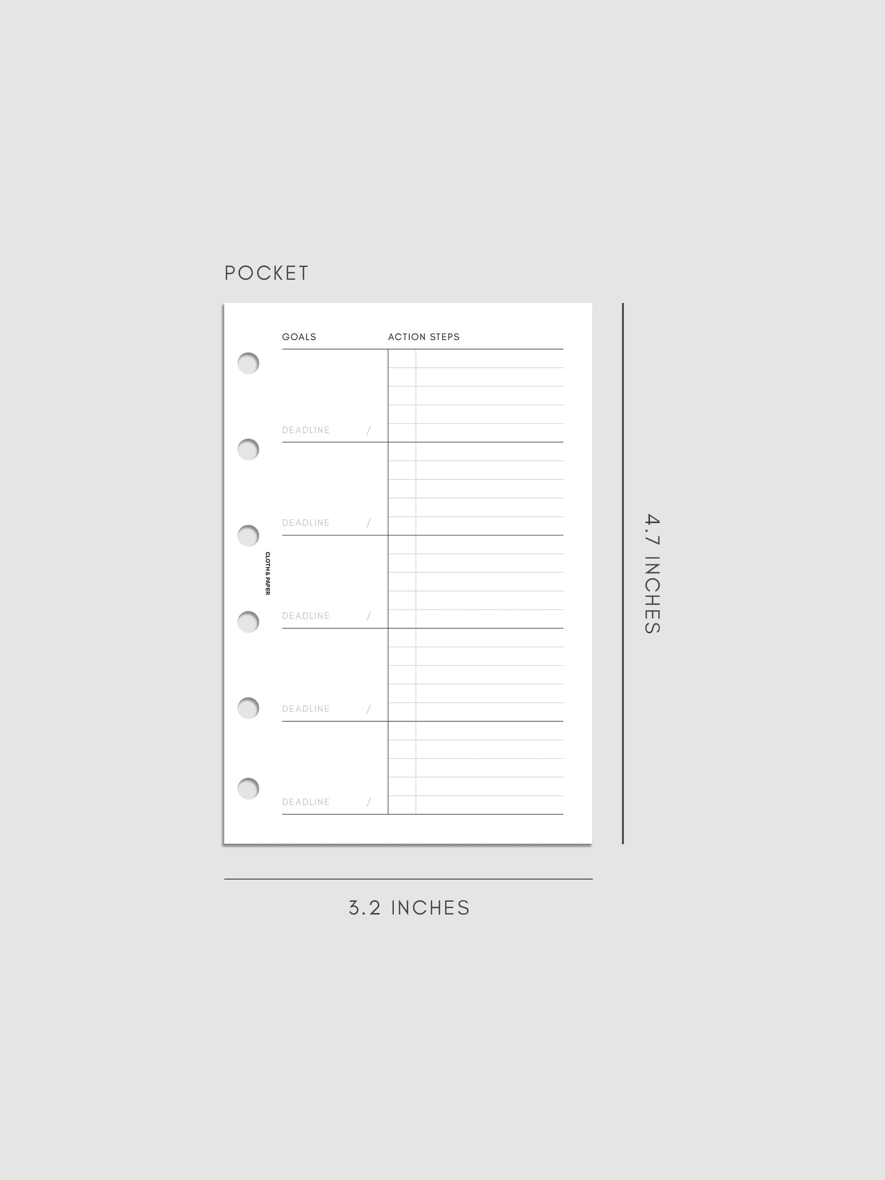 A pocket-sized planner page with sections for goals, action steps, and deadlines, measuring 4.7 by 3.2 inches. The layout includes lined spaces for writing and three-hole punches on the left side.