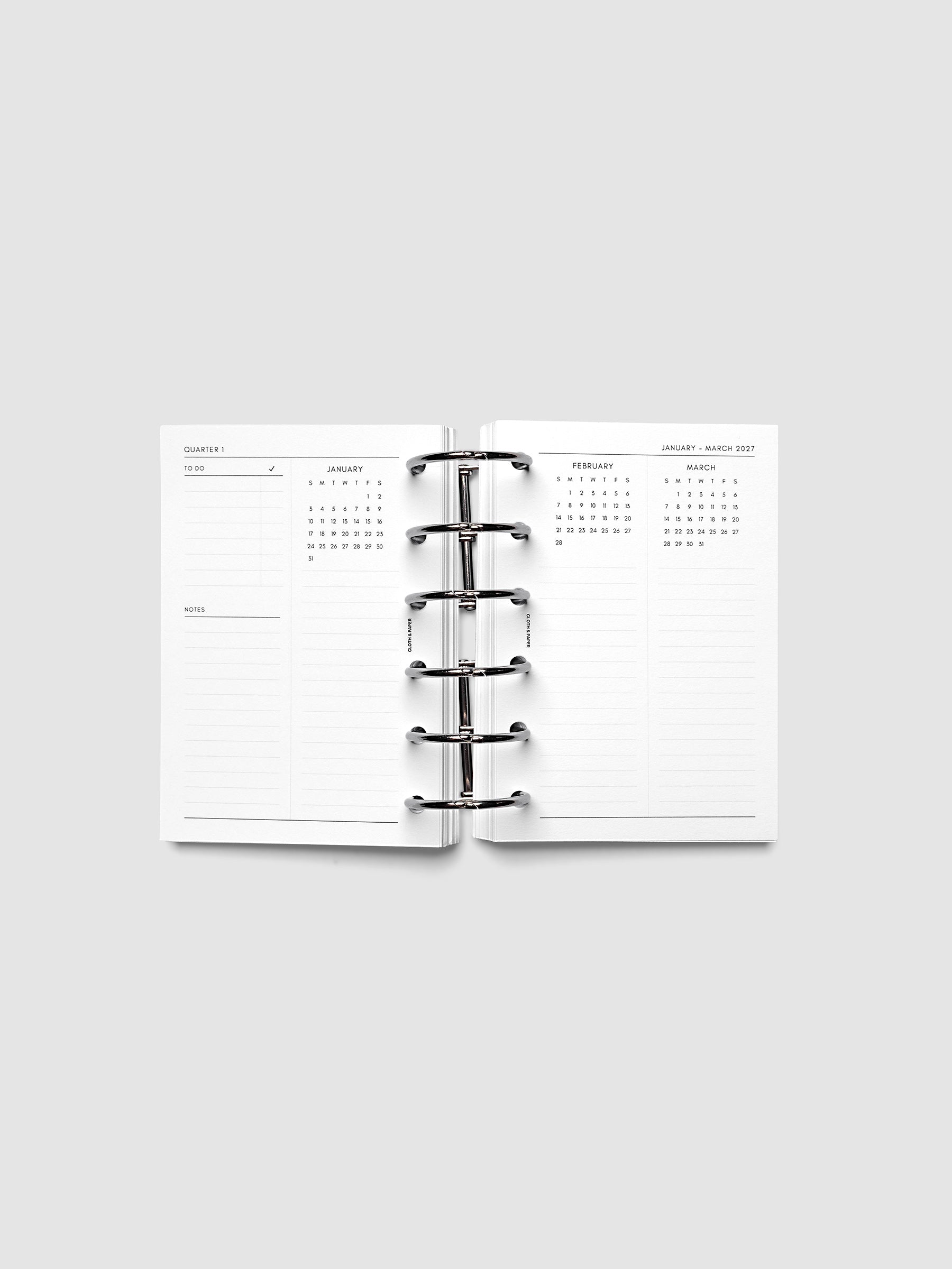 2027 Dated Yearly Overview Planner Inserts Sunday Start, Pocket 6-Ring Punch, full quarterly spread showing goal-setting, to-do, and notes sections on the left page alongside three monthly calendar views with notes sections on the right page, shown inside a planner
