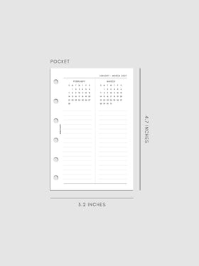 2027 Dated Yearly Overview Planner Inserts Sunday Start, Pocket 6-Ring Punch, right page of quarterly spread showing three monthly calendar views each with a notes section below