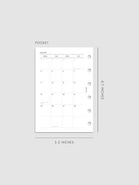 2027 Dated Monthly Planner Inserts, Monday Start, Pocket 6-Ring Punch, left page of two-page monthly calendar spread with Monday start shown inside a planner