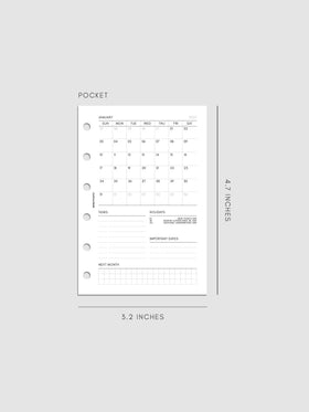 2027 Dated Monthly Admin Inserts in Pocket 6-Ring Punch size, shown as a styled flat lay mockup.