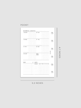 Digital mockup of the left page of the 2027 Dated Weekly Admin insert in Pocket 6-Ring Punch size, showing the weekly overview with sections for tasks and habit tracking