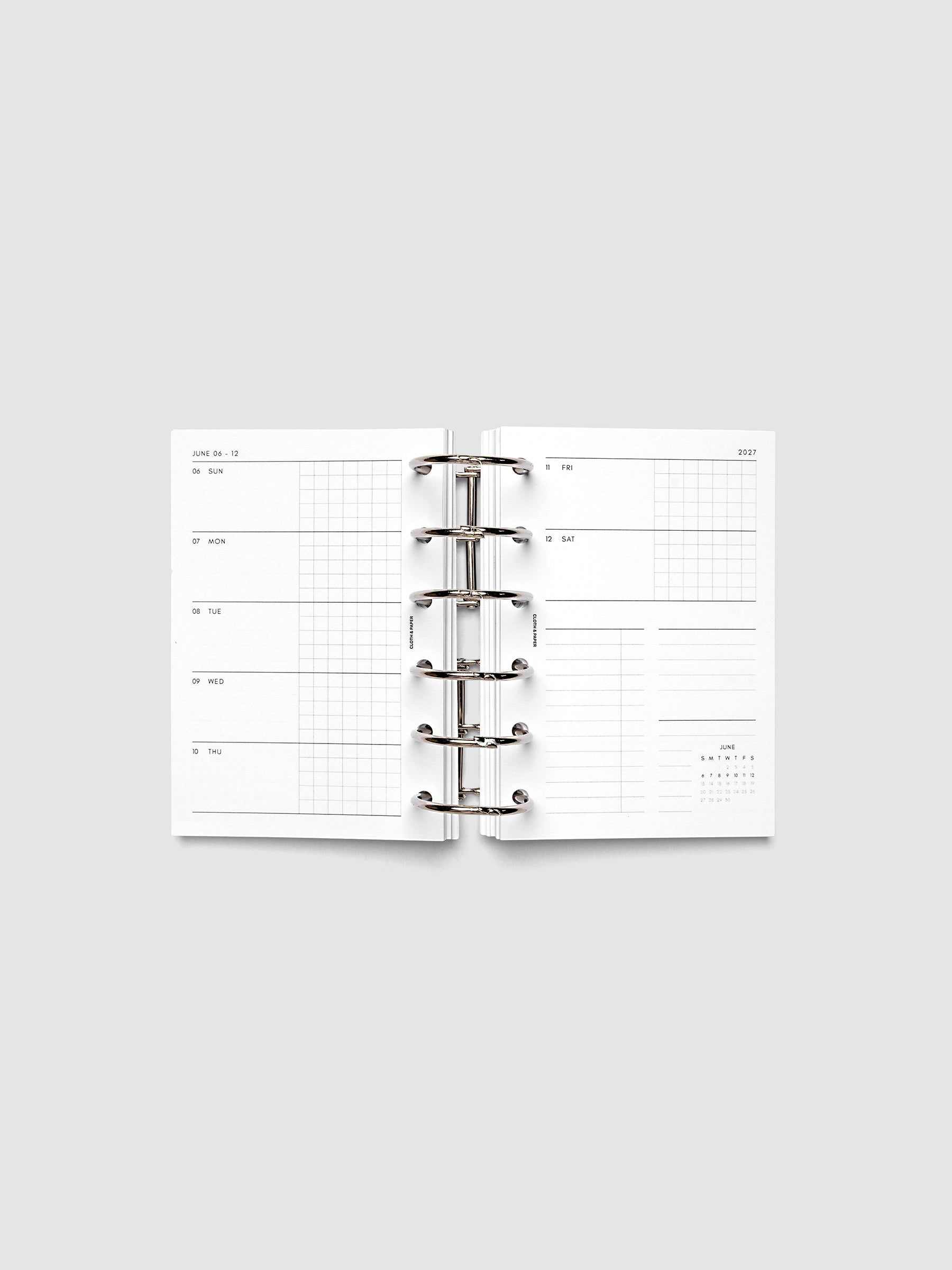 2027 Dated Weekly Horizontal Planner Inserts, Sunday Start, Pocket 6-Ring Punch, full week-on-two-pages horizontal spread showing each day split into open and graph columns, with tasks column, notes column, and mini monthly calendar on the right page, shown inside a planner
