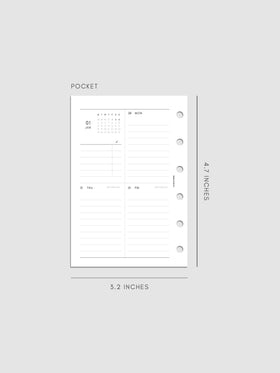 2027 Dated Weekly Vertical Planner Inserts, Monday Start, Pocket 6-Ring Punch, left page of weekly spread showing a two-column two-row daily grid with mini monthly calendar and task list alongside Monday and lined sections throughout