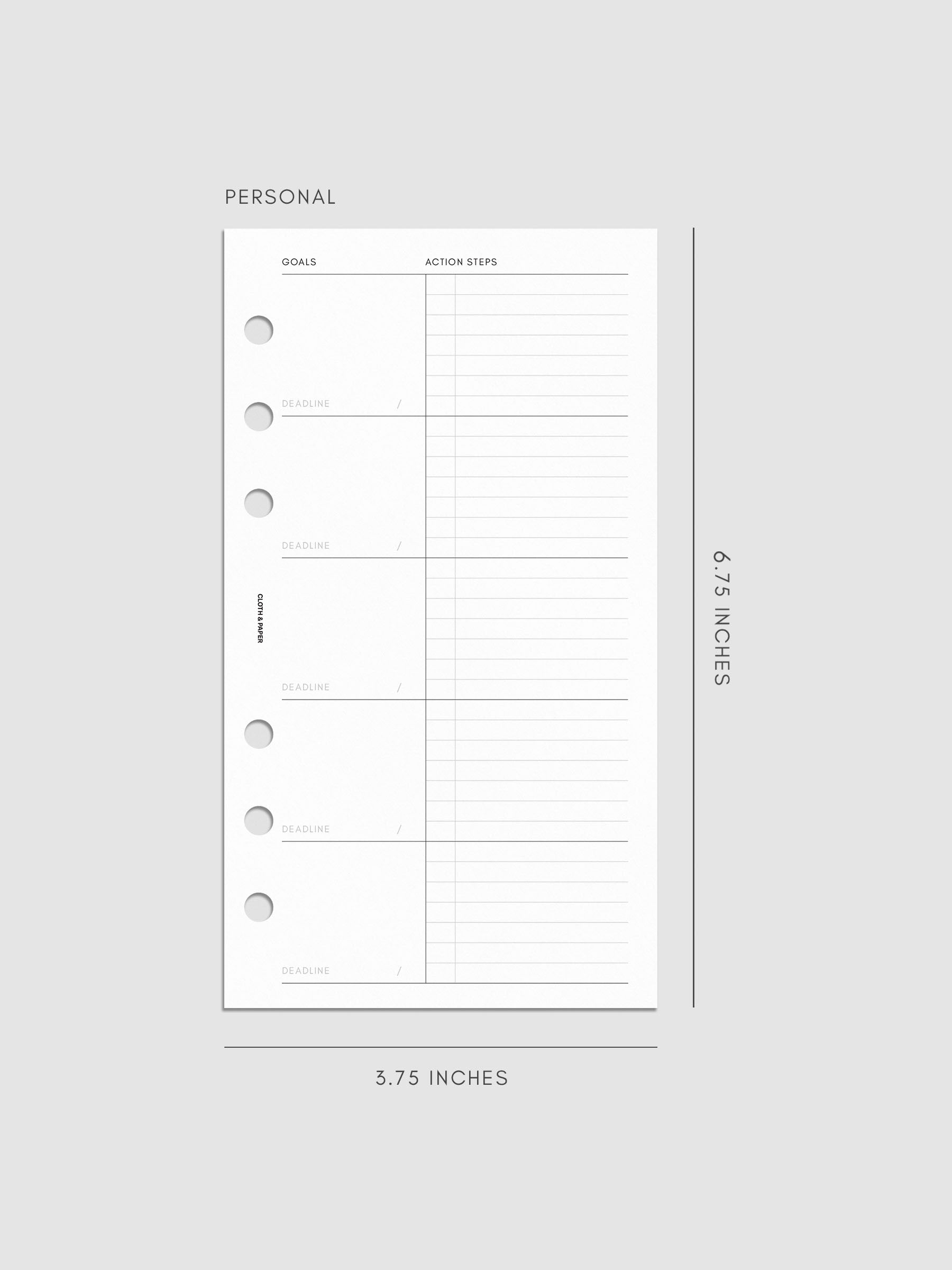 A minimalist personal planner page with sections for goals, action steps, and deadlines, measuring 6.75 by 3.75 inches. The layout includes lined and unlined areas for writing.