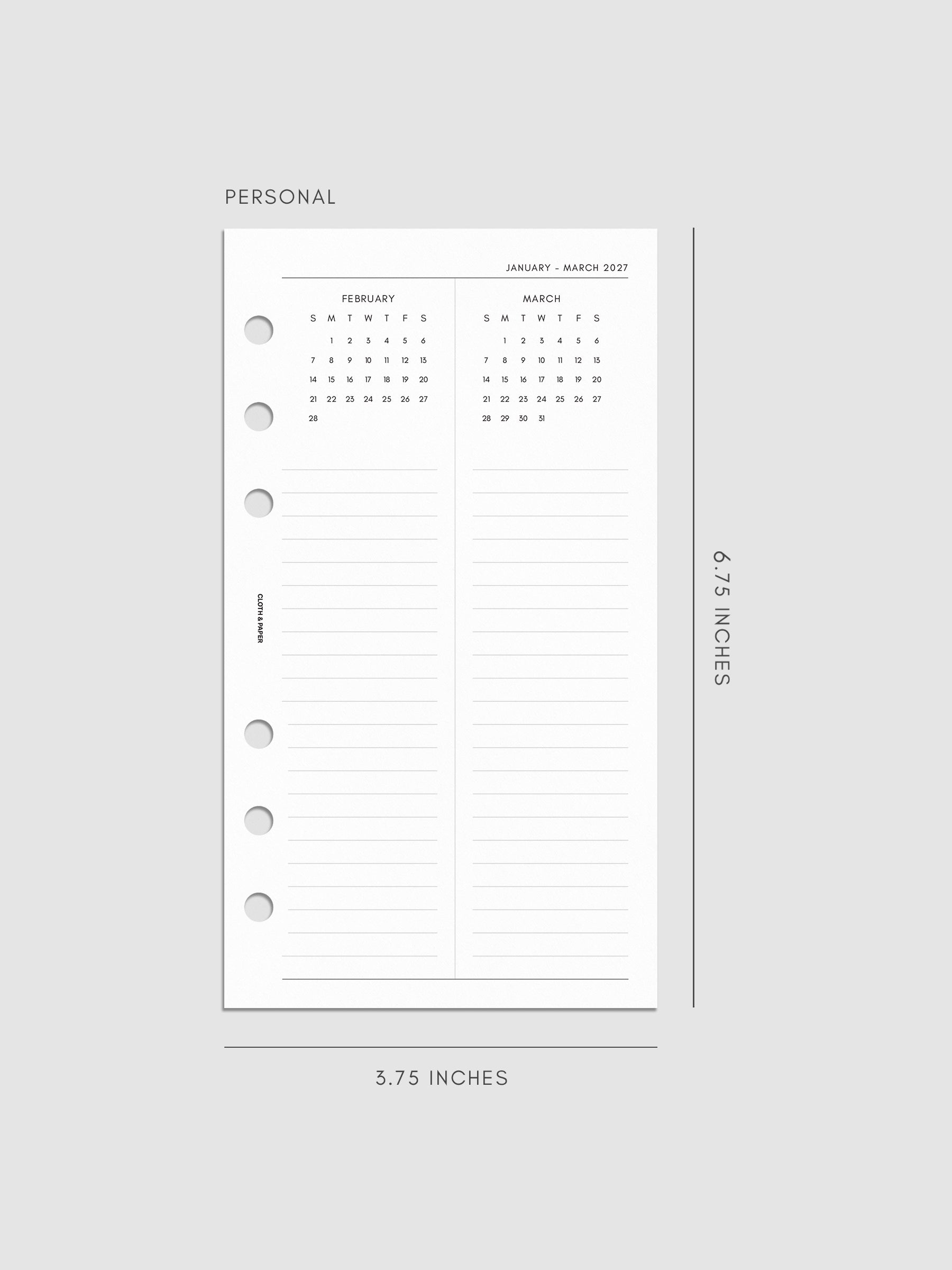 2027 Dated Yearly Overview Planner Inserts Sunday Start, Personal 6-Ring Punch, right page of quarterly spread showing three monthly calendar views each with a notes section below