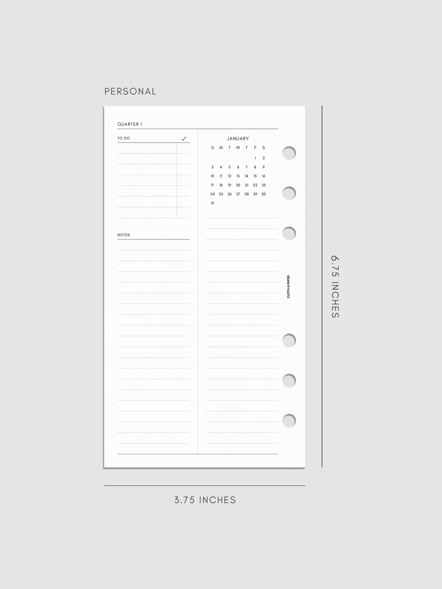 2027 Dated Yearly Overview Planner Inserts Sunday Start, Personal 6-Ring Punch, left page of quarterly spread showing goal-setting, to-do, and notes sections